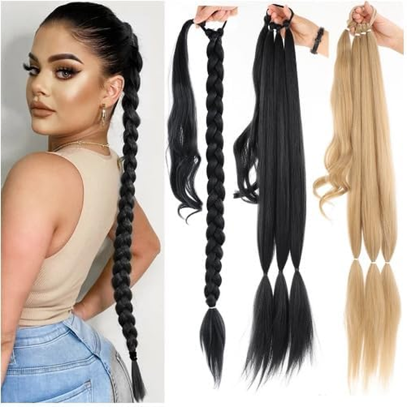 32 Inch Long Braided Ponytail Extension with Hair Tie Straight Wrap around Hair Extensions Ponytail Natural Soft Synthetic Hair Piece for Women Girls Daily Wear (Black) image number 5