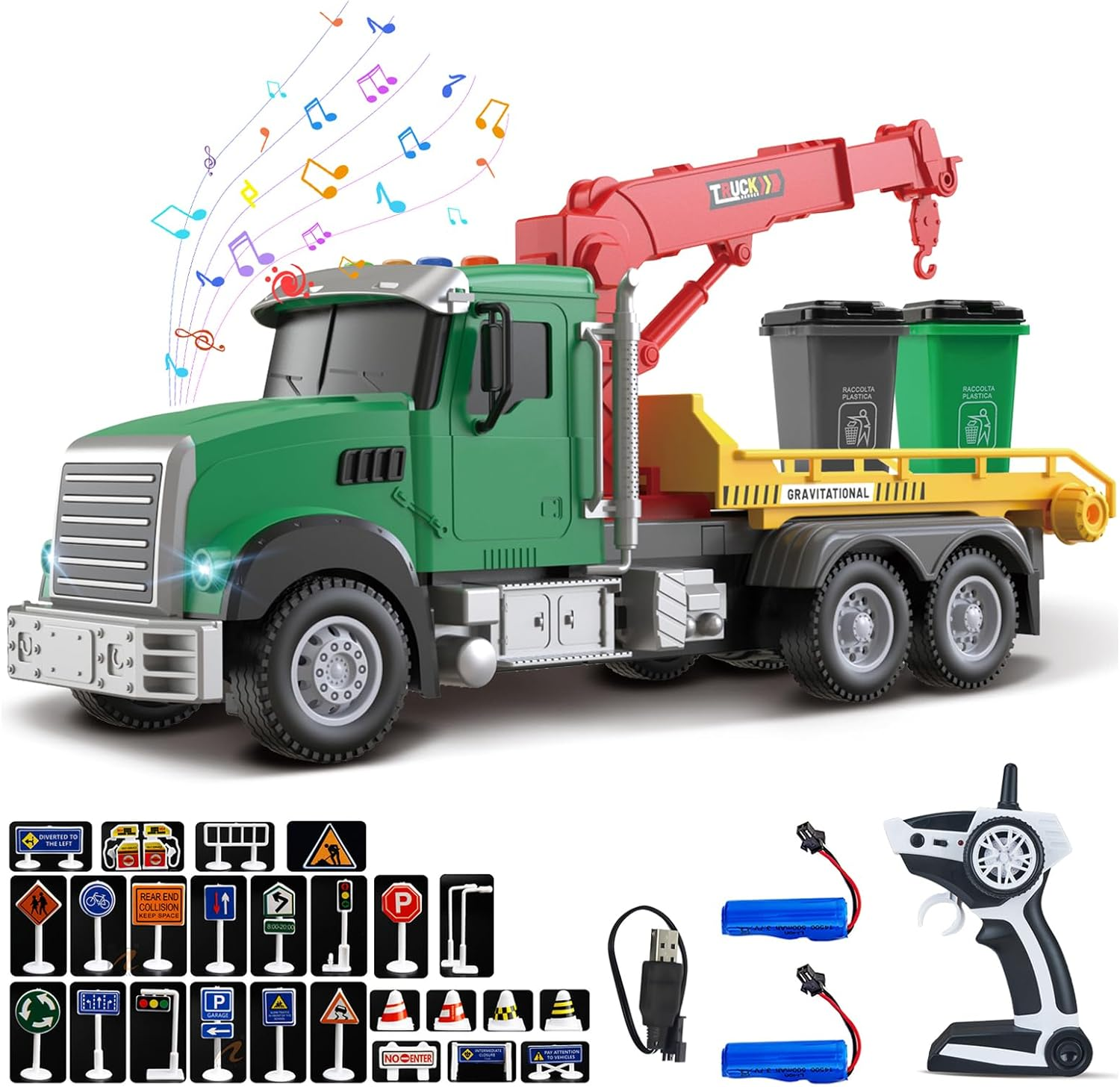 2.4Ghz Remote Control Garbage Truck Toy &ndash; RC Trash Truck with 2 Loader Trash Cans, 4 Channel Recycling Truck, Lights & Sounds, 2 Batteries, 28PCS Traffic Signs &ndash; Kids Toy for Boys Girls 6 7 8 image number 4