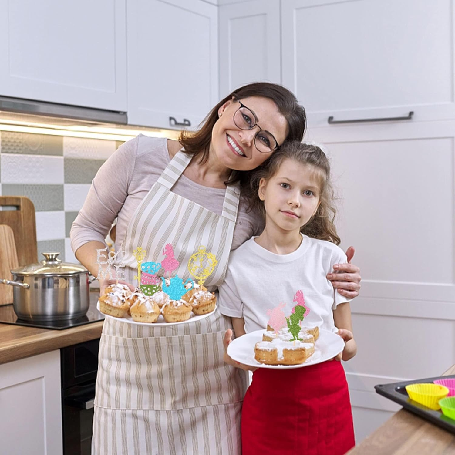 24 Pack Alice in Wonderland Cupcake Toppers Glitter Bowl Key Clock Fairy Eat Me Cupcake Picks Tea Party Cake Decorations for Baby Shower Kids Boys Girls Birthday Party Decoration Supplies image number 4