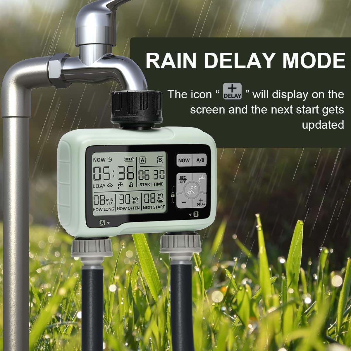 Digital Water Timer 2 Outlets, Automatic & Manual Watering Timers with LCD Screen, Sprinkler Timer Programmable with Rain Delay & Manual Modes - IPX5 Waterproof, Garden Hose Timers for Lawns, Yards image number 3