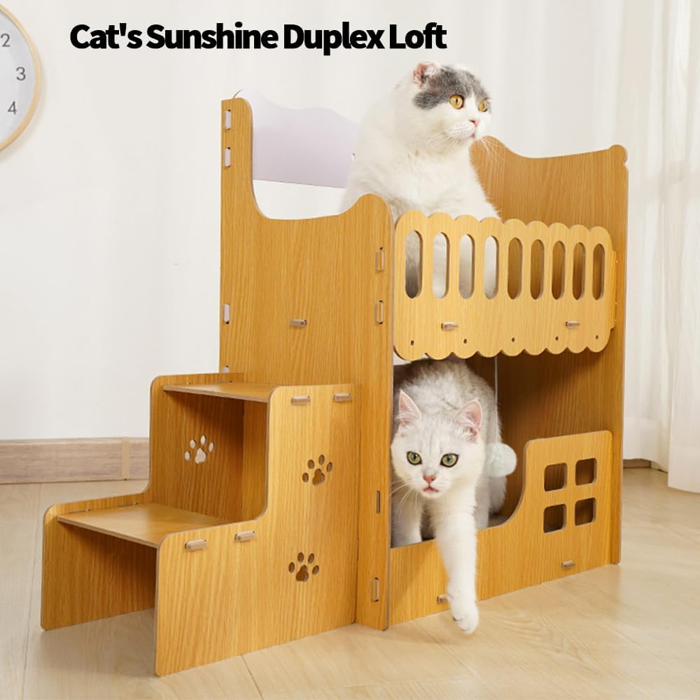 TOMVAES Cardboard Cat Scratcher House,Indoor Cat Beds Furniture, Lounge for Kittens within 33Lbs,2-Story Stable Wood with Replaceable Scratching Pad Board,Sturdy Cat Condos with Stairs image number 1
