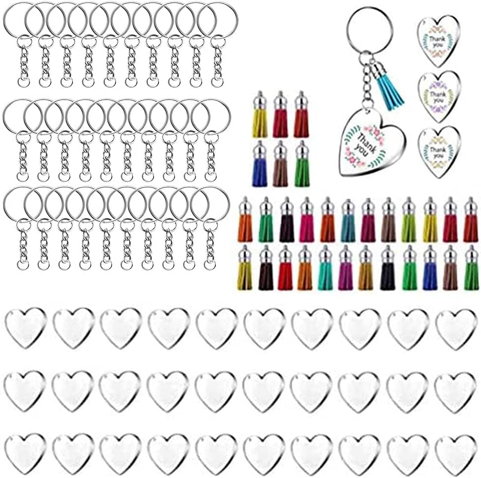 90Pcs Acrylic Discs Clear Heart Keychain Blanks Charms and Colourful Tassel Key Rings for DIY Crafts Jewelry Making image number 4