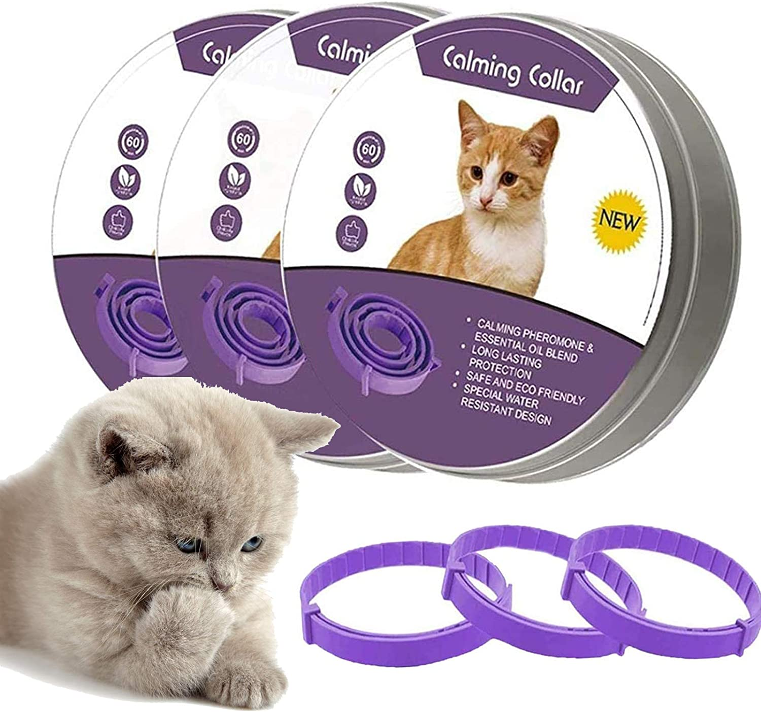 Lopnord Calming Collar for Cats, Adjustable Reduce Relieve Anxiety Pheromone Keep Pet Lasting Natural Calm, Safe and Waterproof Pheromones Cat Collars Calming (Pack of 3)