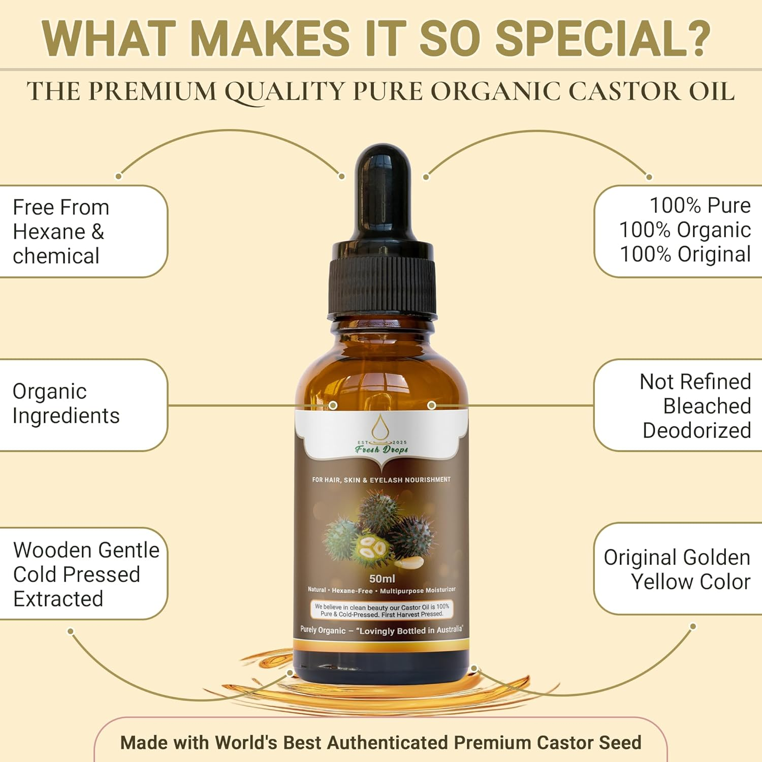 Fresh Drops USDA Organic Castor Oil 250Ml, Pure Cold Pressed, Hexane Free, Fresh Drops - Stimulate Growth for Eyelashes, Eyebrows, and Hair, Smooth Face, and Skin image number 6