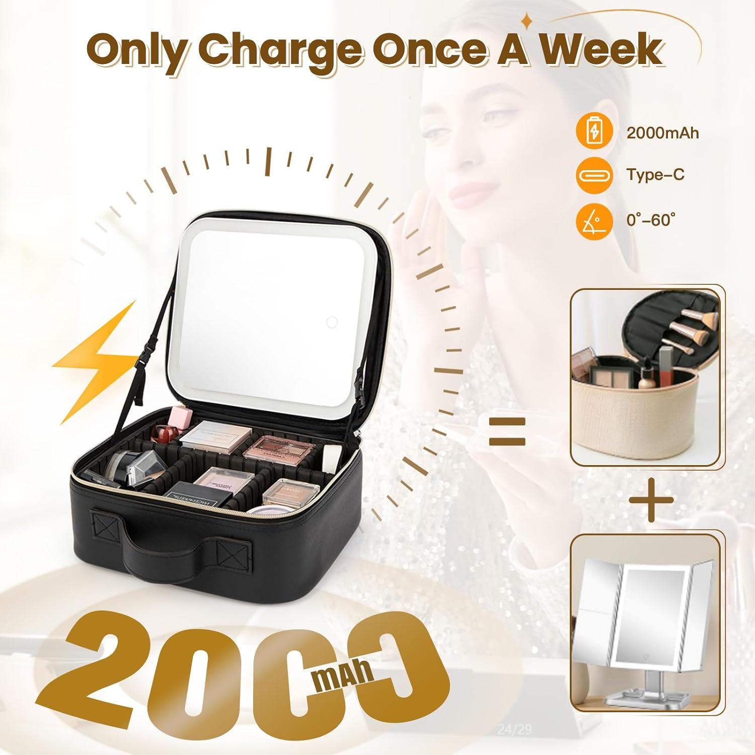 Travel Makeup Bag with LED Mirror, Leather Cosmetic Train Cases with Adjustable Dividers, Makeup Organizer with Makeup Brush Storage Board for Women, Artist and More, Black, Cosmetic image number 4