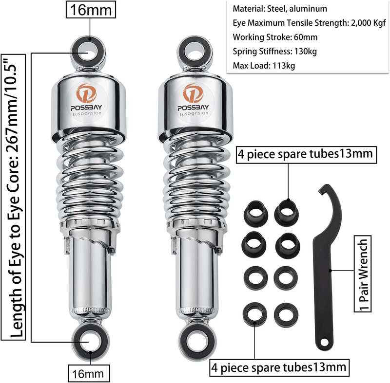Possbay Motorcycle Shock Motorcycle Rear Shock 10.5"/267Mm Universal Rear Suspension 1Pair Silver