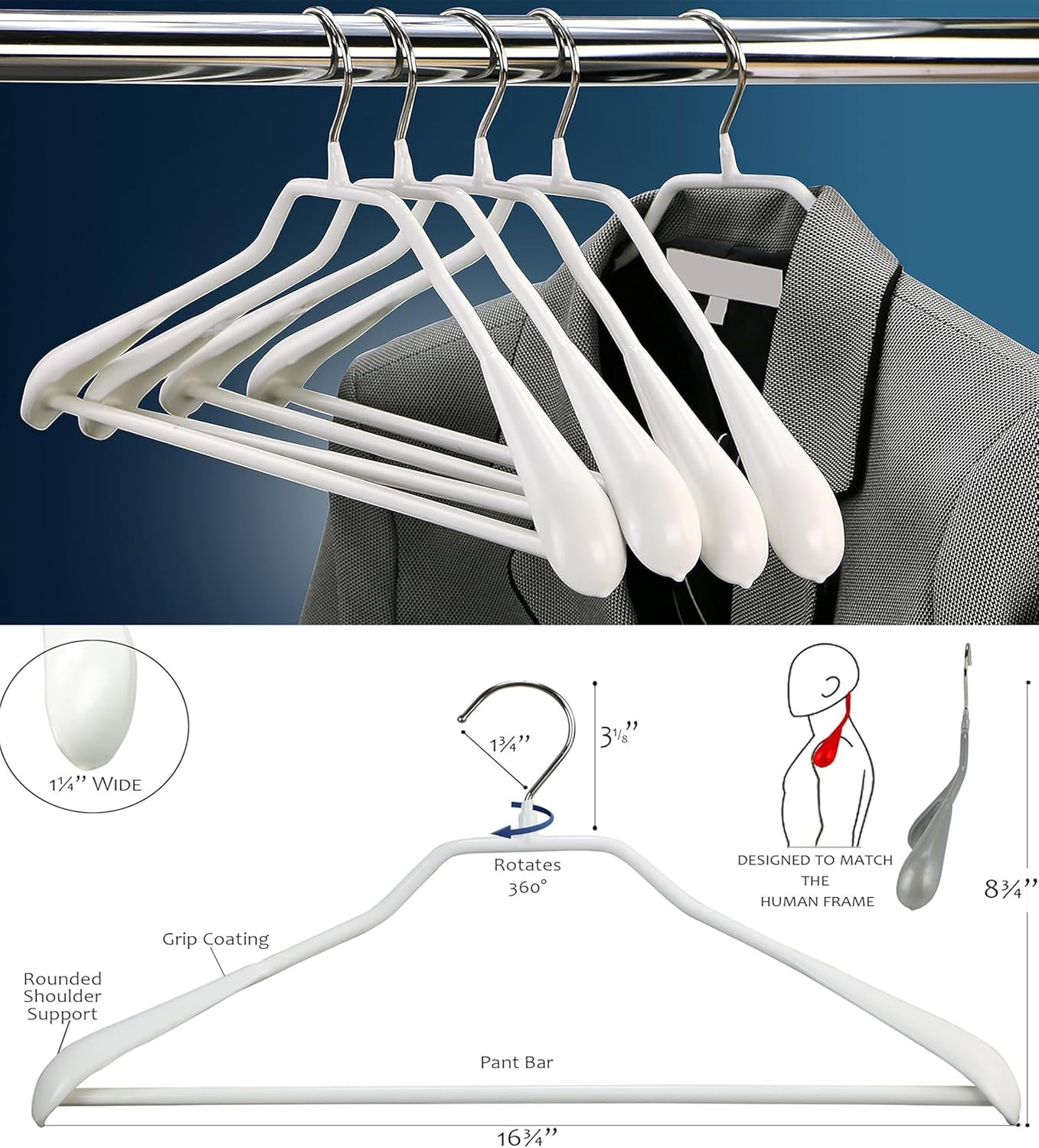 10 Pack Wide Shoulder Hangers, 17.7 Inch Heavy Duty Metal Suit Hangers with Non Slip Pvc-Coating for Closet, Sweaters, Dresses, Suits, Pants, Jackets (Blue) image number 5