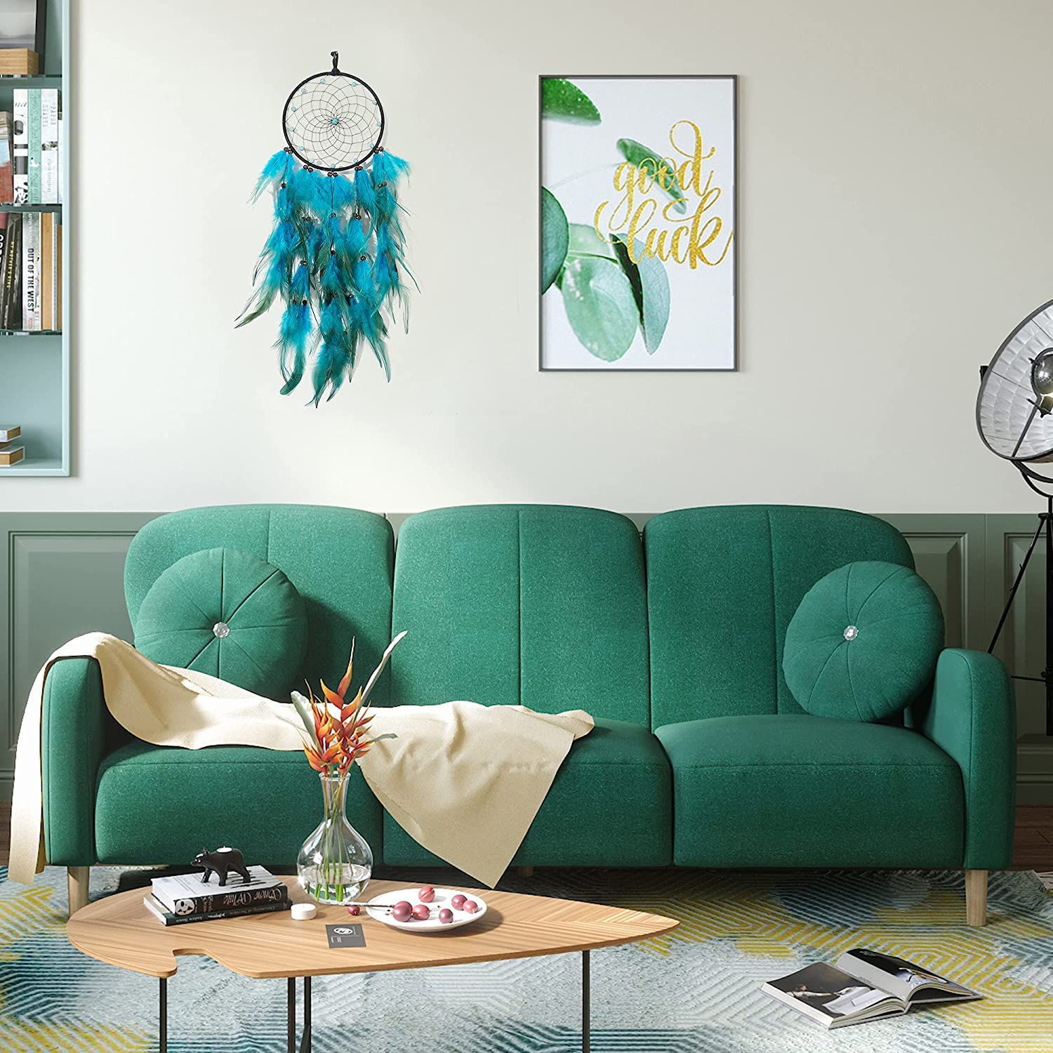 Dream Catchers with Blue Feathers, Handmade Boho Traditional Circular Net Dreamcatcher Wall Hanging Decor for Bedroom Dorm Home Ornaments Craft Gift (Black Circle) - 02-Tree-Blue image number 7