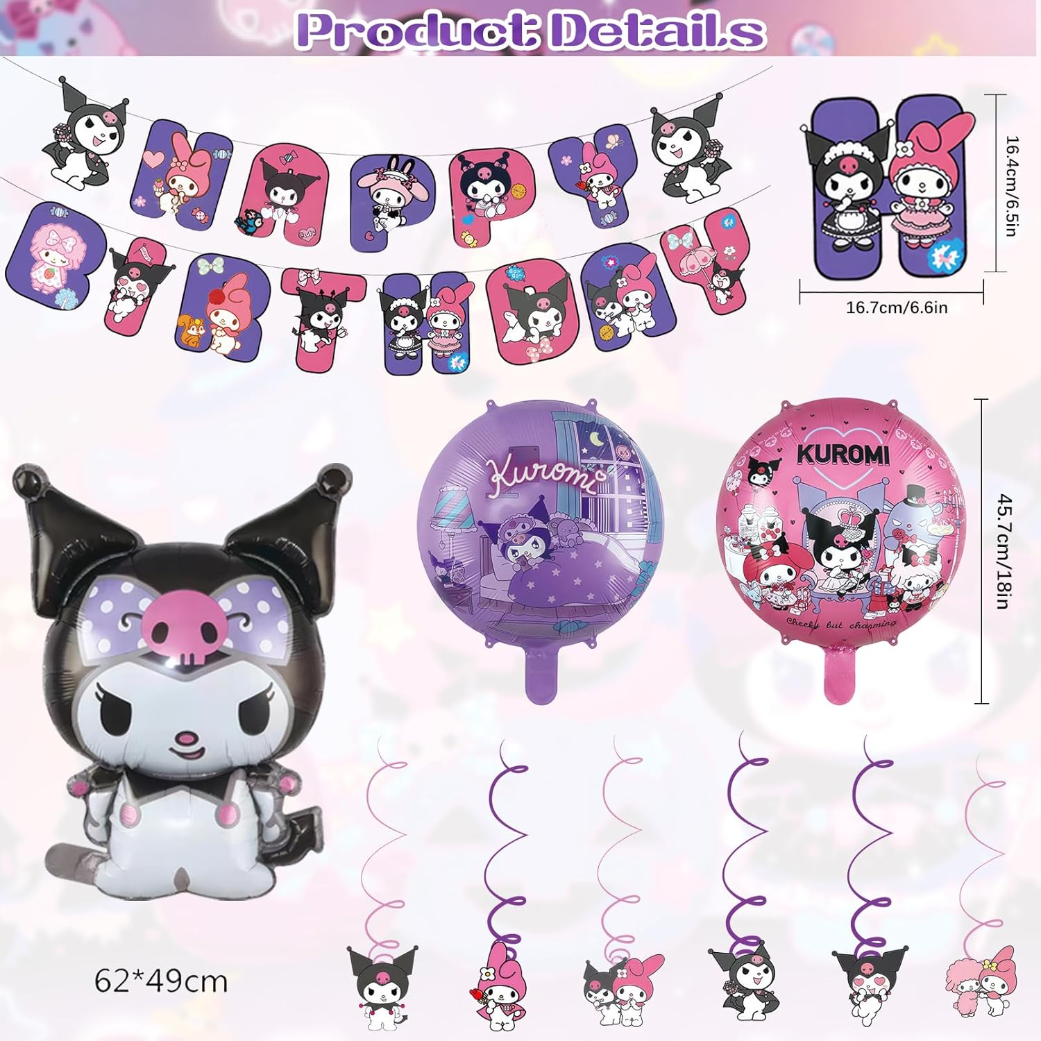 Cartoon Birthday Party Supplies, Cute Birthday Balloons Decoration for Girls, Happy Birthday Banner Larger Aluminium Film Balloons Themed Birthday Party Favor for Kids image number 2