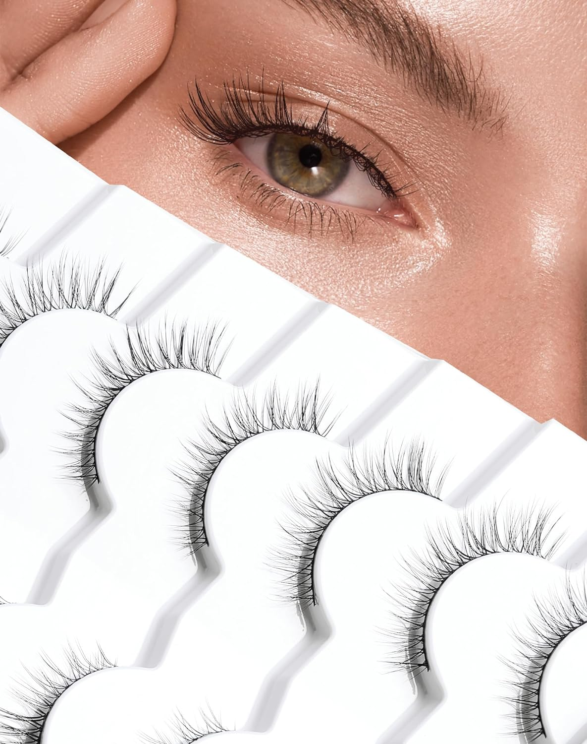 Cat Eye Lashes Natural Look Wispy Foxy Eye Lashes Pack 3D Volume Faux Mink Eyelashes C Curl Thin Band False Eyelashes 9 Mm 7 Pairs S6 image number 3