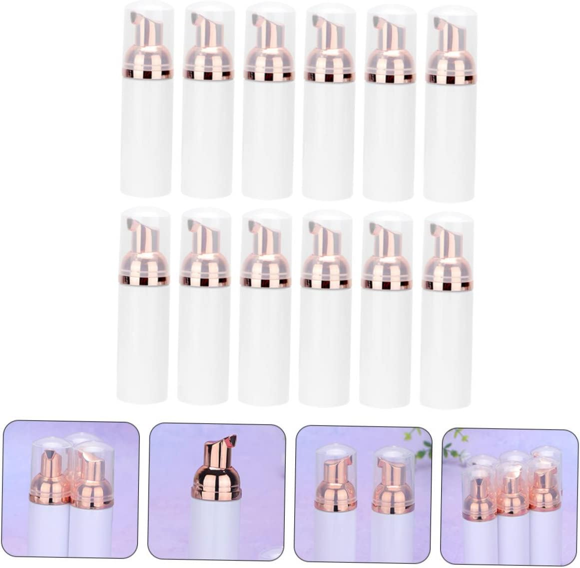 12Pcs 30Ml Refillable Pet Foaming Pump Bottles Portable Facial Cleanser Dispenser for Travel Toiletries with White Bottles and Rose Gold Pumps image number 4