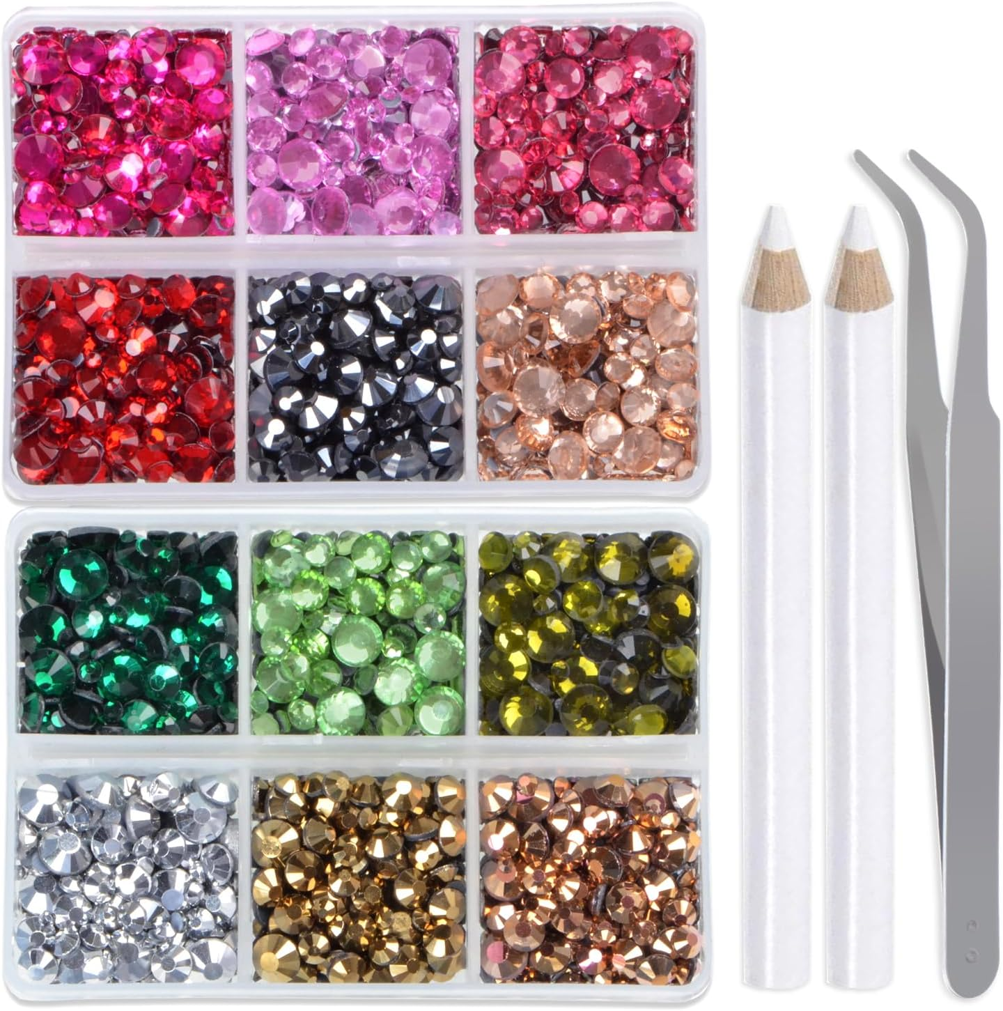 Lpbeads 6400 Pieces Metallic Rose Gold and Metallic Silver Hotfix Rhinestones Flat Back 5 Mixed Sizes Crystal round Glass Gems with Tweezers and Picking Rhinestones Pen