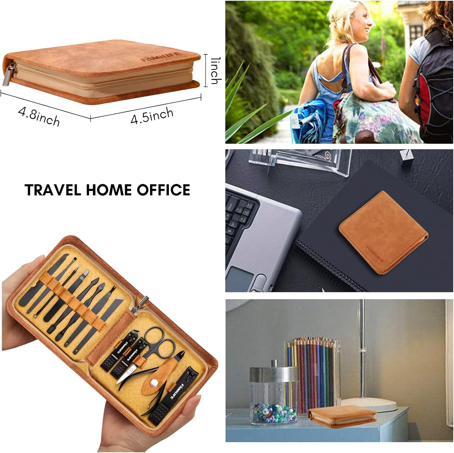 FAMILIFE Manicure Set, Professional Manicure Kit Nail Clipper Set Stainless Steel Pedicure Tools Kit with Leather Travel Case for Women Girl Men (Brown) - Brown image number 3