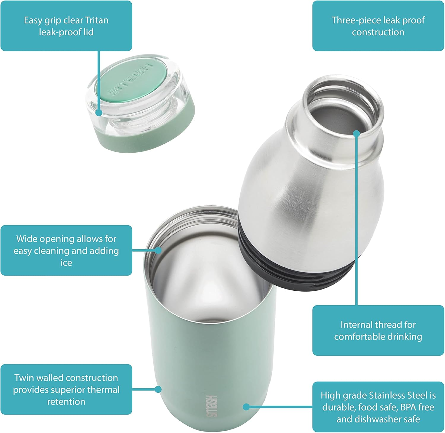 Smash Stainless Steel 500Ml Water Bottle, Sage - Black image number 4