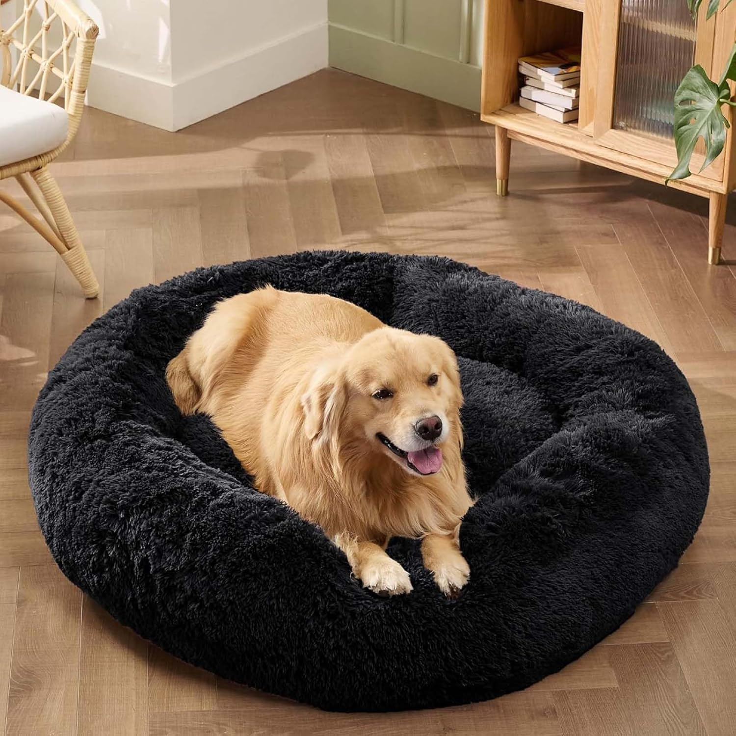 Calming Dog Bed for Small Medium Dogs,80Cm Anti-Anxiety Donut Dog Cat Cuddler Bed Machine Washable Fluffy Luxury Anti-Slip Waterproof Mute Base Warming Cozy Soft Pet round Bed-Black - Pink image number 7