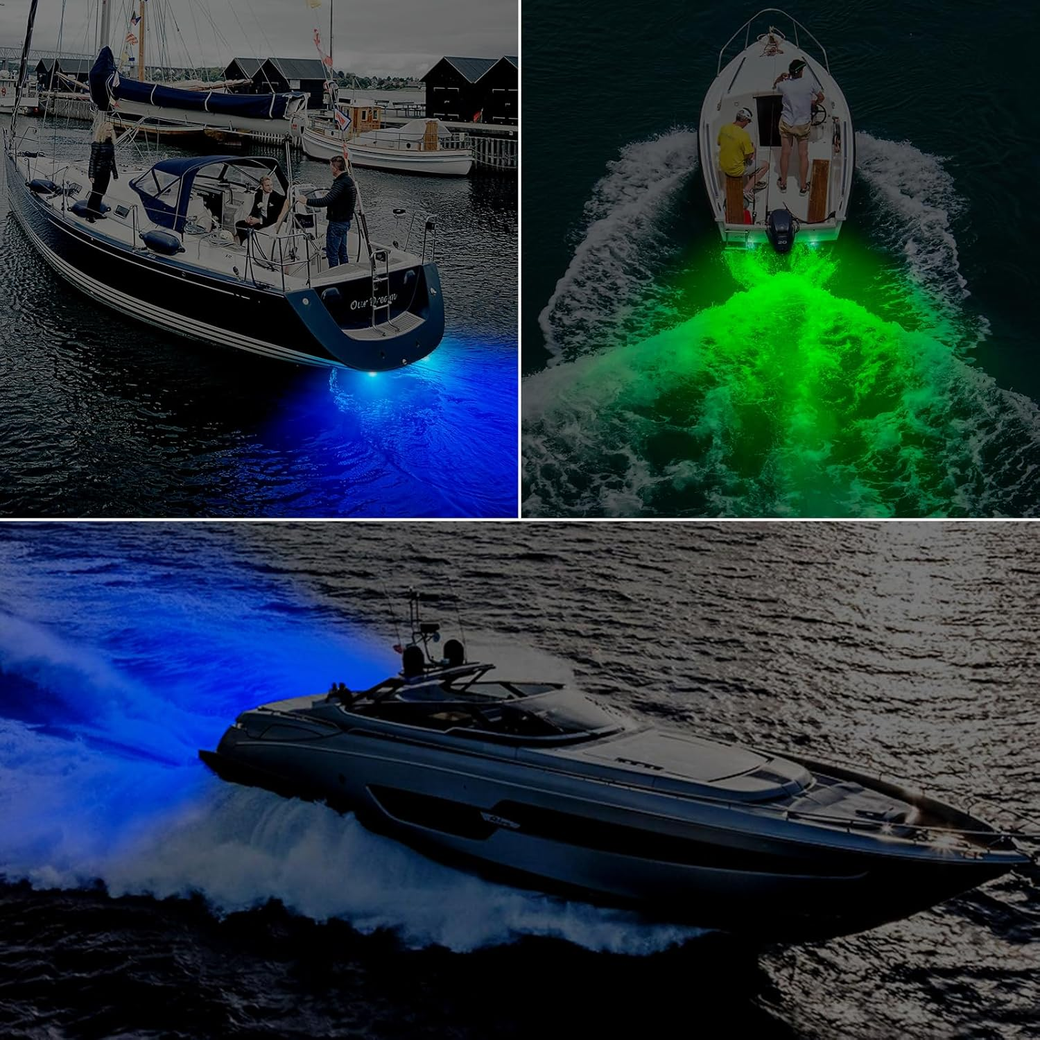 UCINNOVATE 2X 6.9 Marine LED Boat Lights, Dual Color Waterproof Transom & Underwater Lights for Yachts, Boats, Sailboats, Pontoons, Stern & Deck (Blue/Green, 12-36V, IP68)