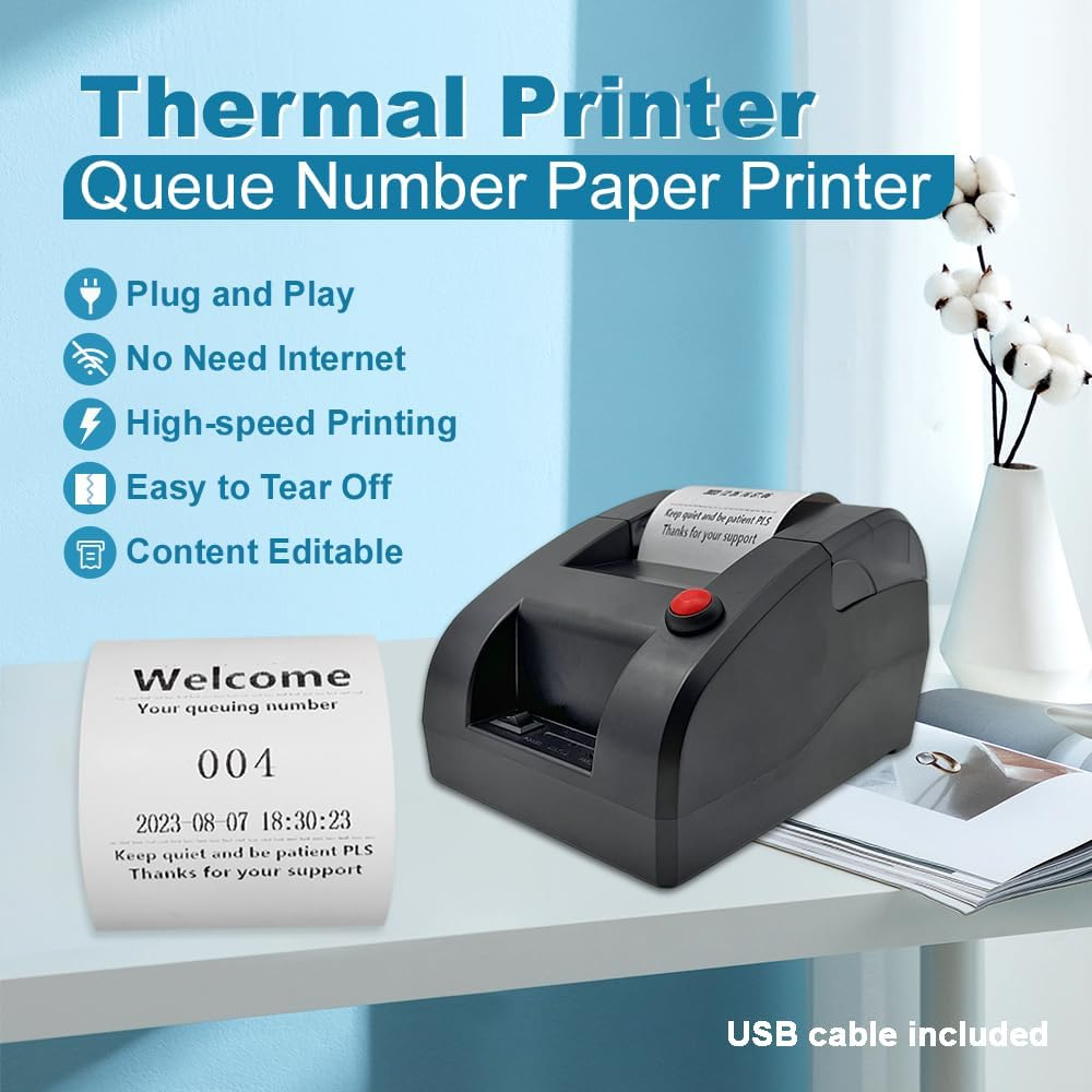 Ticket Dispenser Take a Number 57Mm Receipt Ticket Thermal Printer for Queue Can Edit Print Text via PC Show 3-Digits Waiting Number for Haunted House - Black image number 2