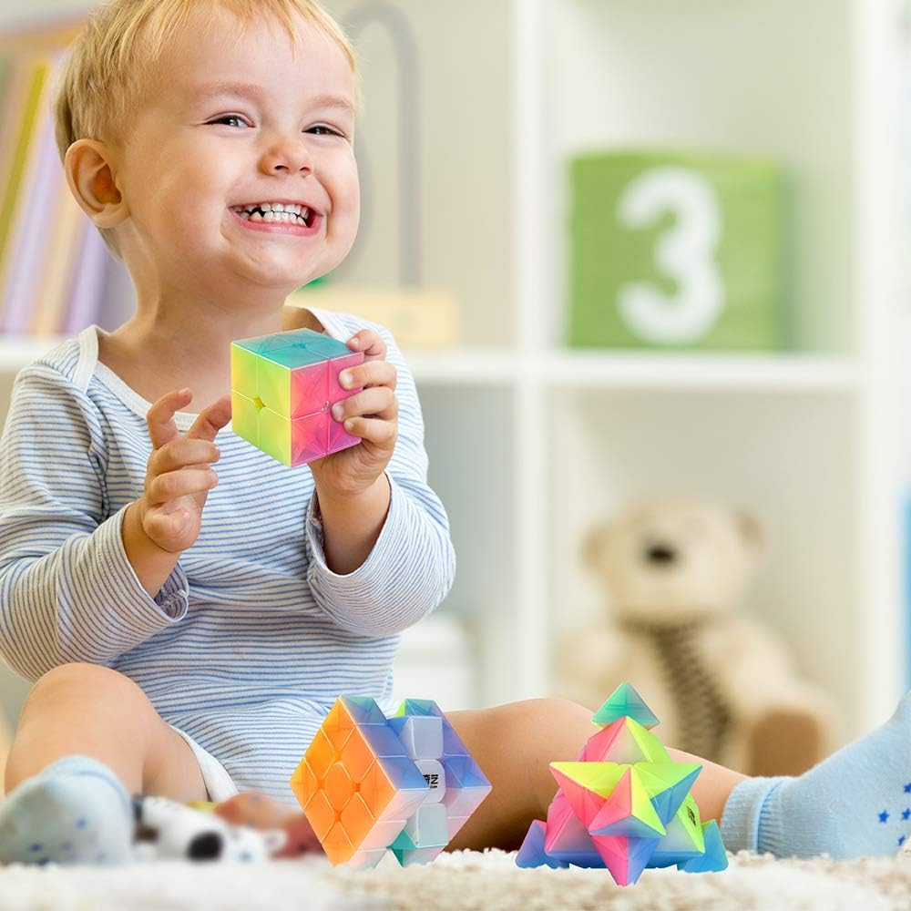 D-Fantix QYTOYS Jelly Stickerless Speed Cube Set, Qidi S 2X2 Warrior W 3X3 Qiming Pyramid Magic Cube Puzzle Toys