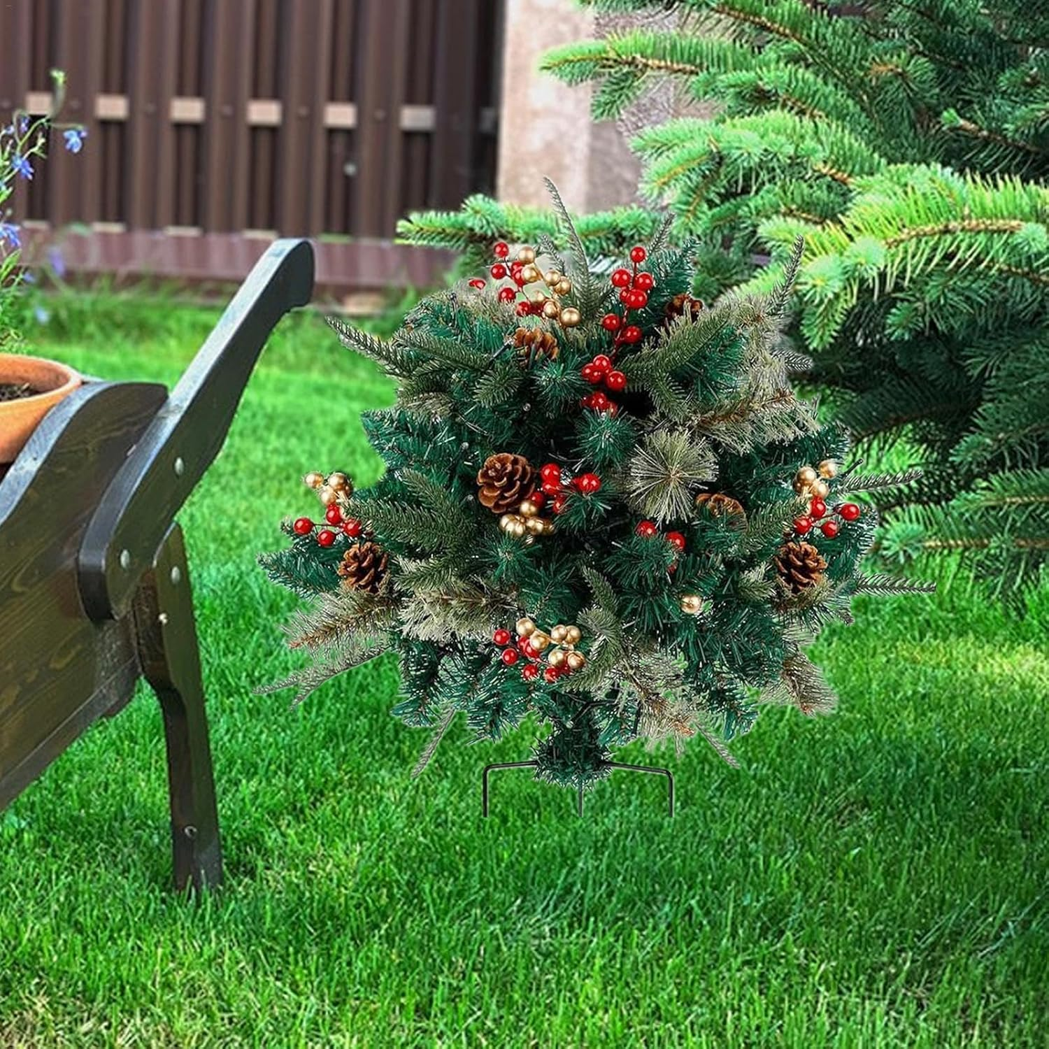 Holiday Planter Filler, Artificial Pine Trees for Christmas with Tripod Stake, Realistic Small Christmas Tree Urn Filler for Porch, Driveway, and Yard Decorations, Pine Trees Holiday Planter Filler
