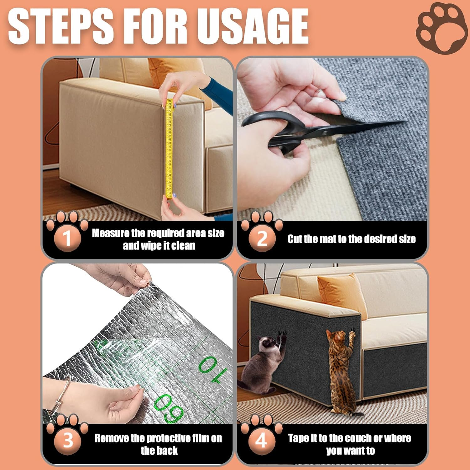 Cat Scratch Furniture Protector, 78.7"X15.8" Large Self-Adhesive Mat, Trimmable Scratch-Resistant Carpet for Sofa, Wall, Cat Tree & Door Protection, Durable Indoor Cat Scratcher (Dark Gray) image number 4