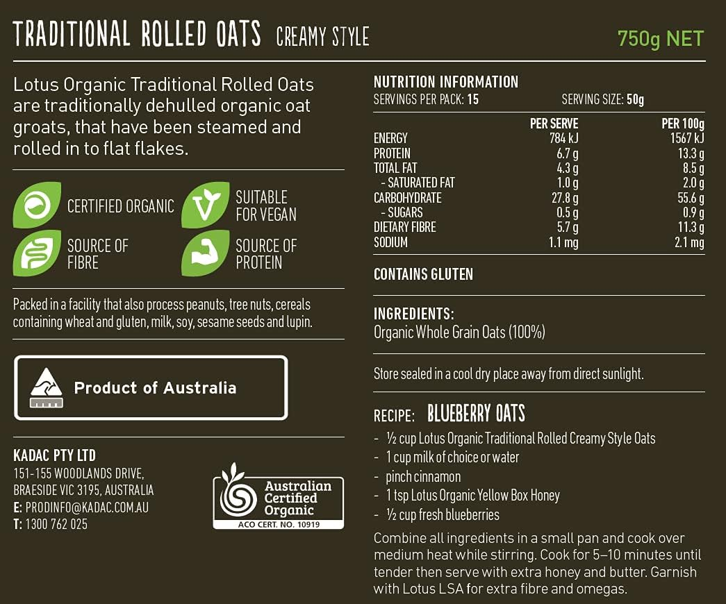 Lotus Certified Organic Unstabilised Rolled Creamy Style Oats 750 G, 750 G
