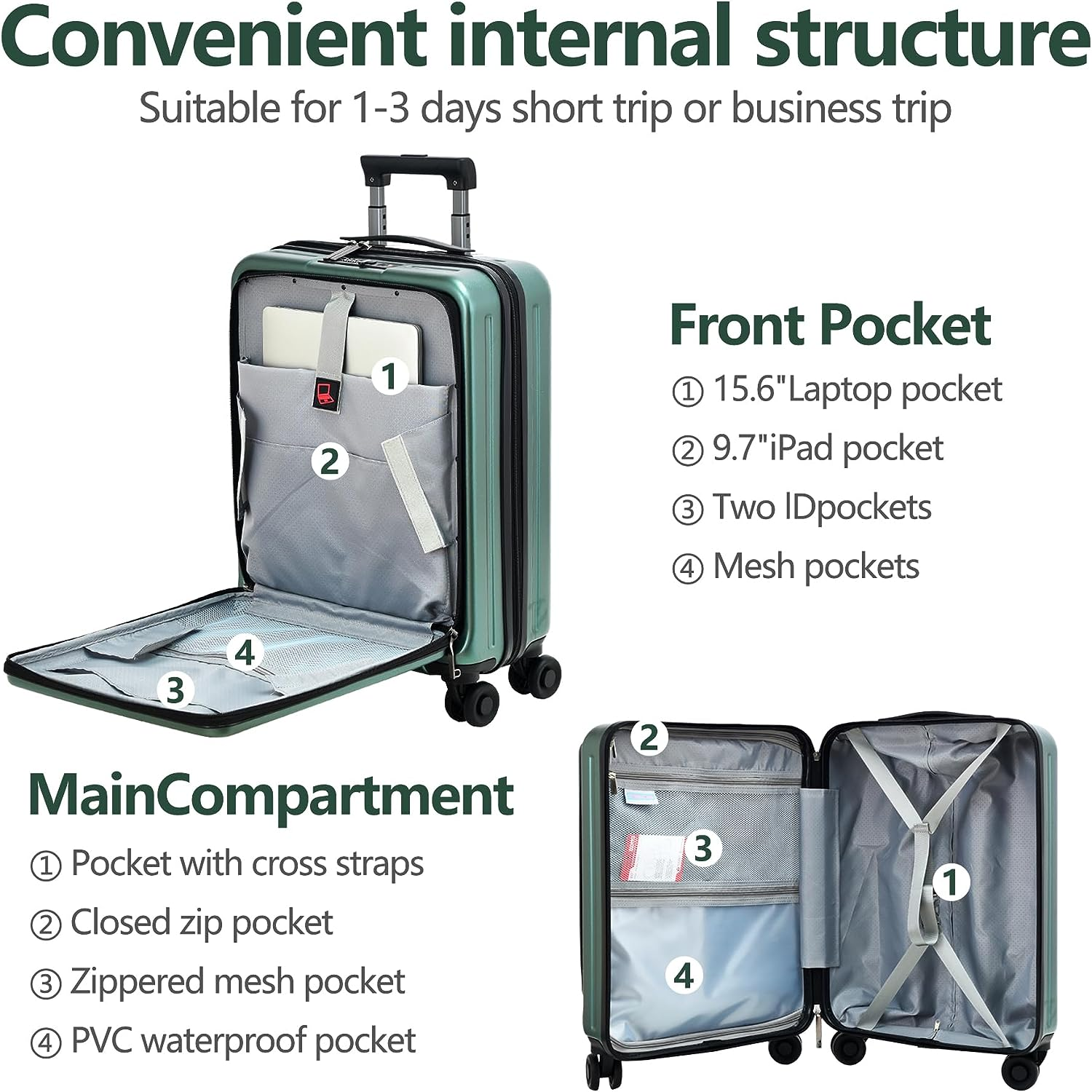 3Pcs (20/24/28) Luggage Set, Hardshell Lightweight Only 20" with Front Pocket, 21.65*15.35*7.87" Fits Overhead Cabin, 24" (26*17.7*10.2") and 28" (19.68*11.81*29.92") Checked Luggage, Green - Orange image number 3