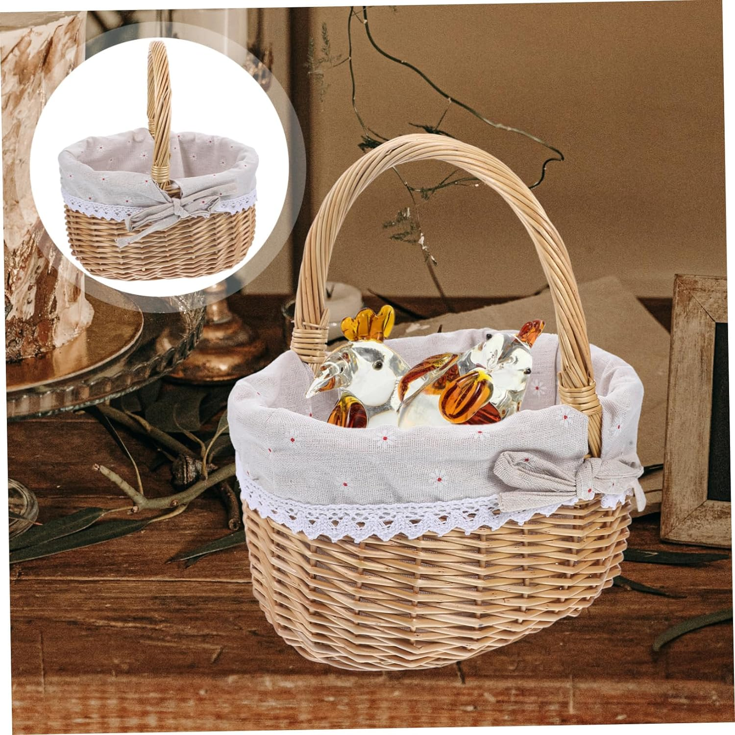 1Pc Wicker Woven Storage Basket with Linen Cloth Lining Versatile Basket for Wedding Blanket Storage Elegant Natural Design image number 1
