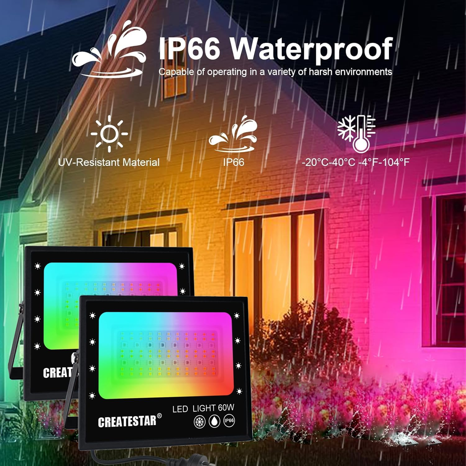 2 Pack RGB LED Flood Light, 60W Outdoor Colour Changing Flood Lights IP66 Waterproof App Control 16 Million Colours RGB Floodlight for Garden Stage Lighting Christmas image number 2