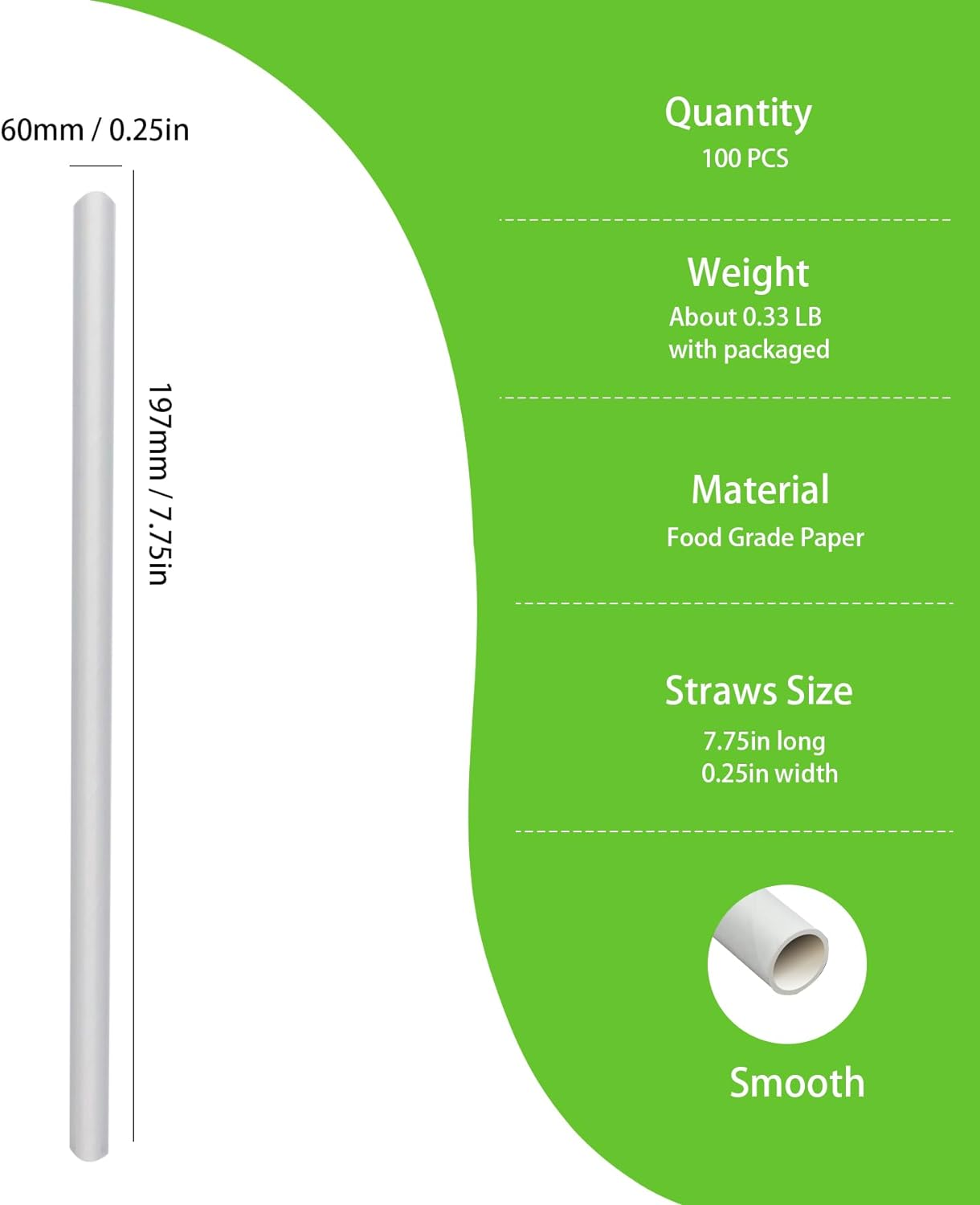 Pure White Biodegradable Paper Straws for Cocktail Pack of 100, Eco-Friendly and Recyclable Plain White Solid White Straws Made of Paper - Solid Black image number 7