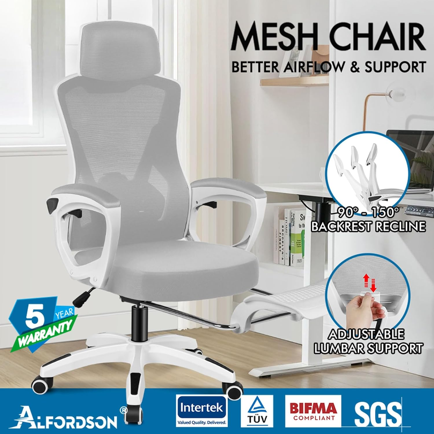 ALFORDSON Ergonomic Mesh Office Chair with Headrest and Footrest, Executive Computer Office Chair with SGS Listed Gas-Lift, Desk Task Gaming Study Student Chair for Max 180Kg, Nova White Grey - White Black image number 2