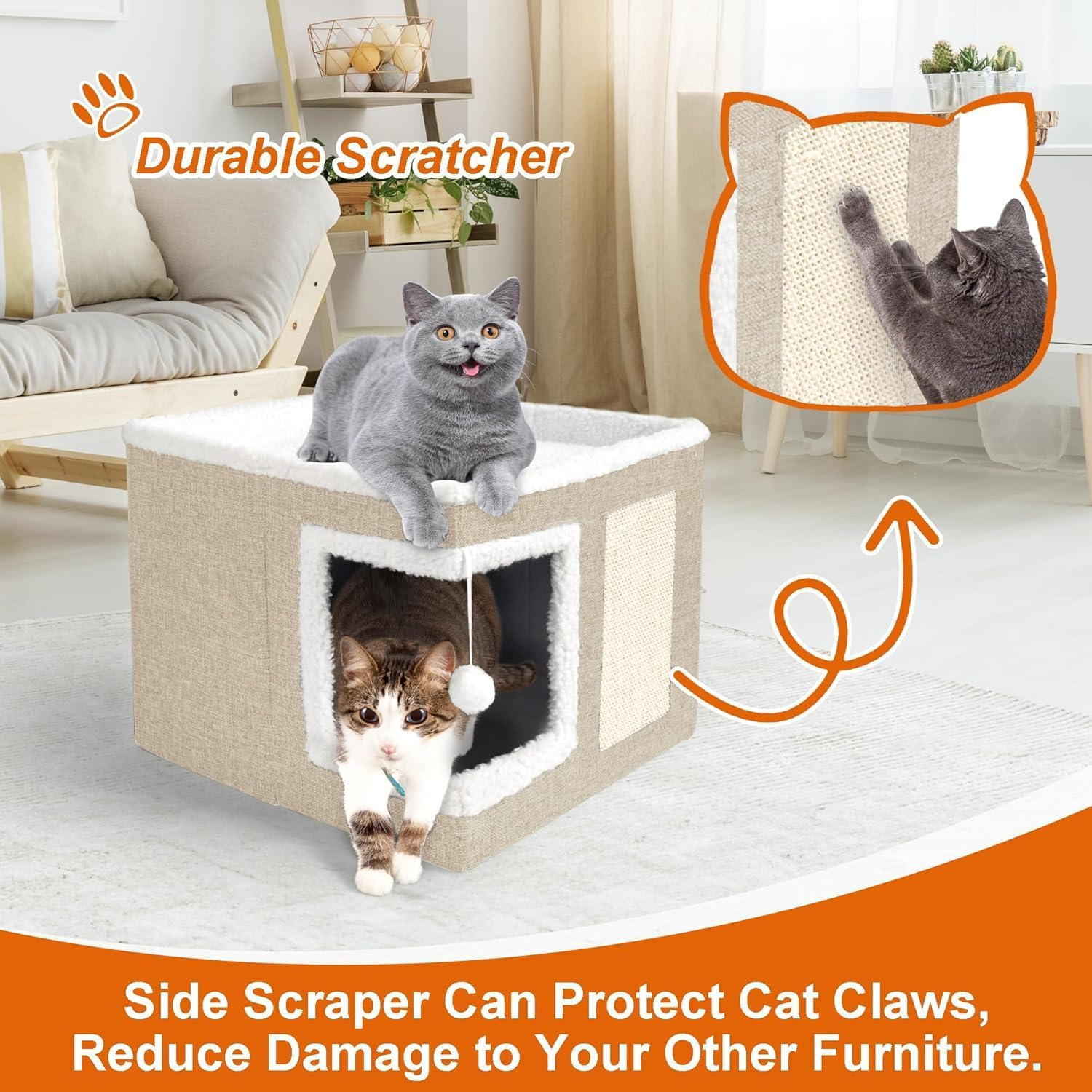 Cat Houses for Indoor Cats - Large Cat Bed Cave with Scratching Pad and Fluffy Ball, Foldable Cat Condo Hideaway with Reversible Cushion for Multiple Small Pets, Khaki image number 3