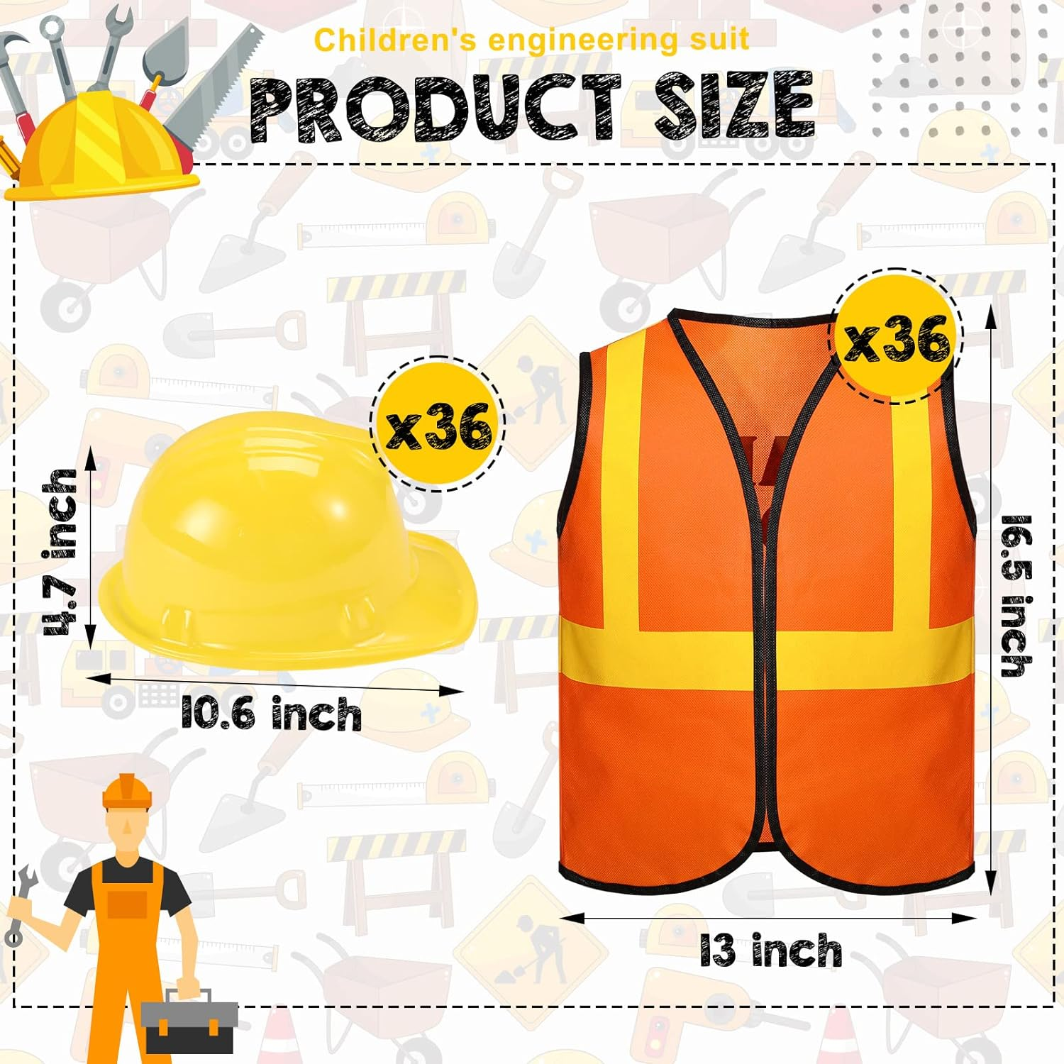 72 Pcs Construction Worker Costume for Kids Including 36 Construction Hat and 36 Construction Vest Construction Theme Birthday Party Supplies for Dressing up Supplies Birthday Role Play Accessories image number 4