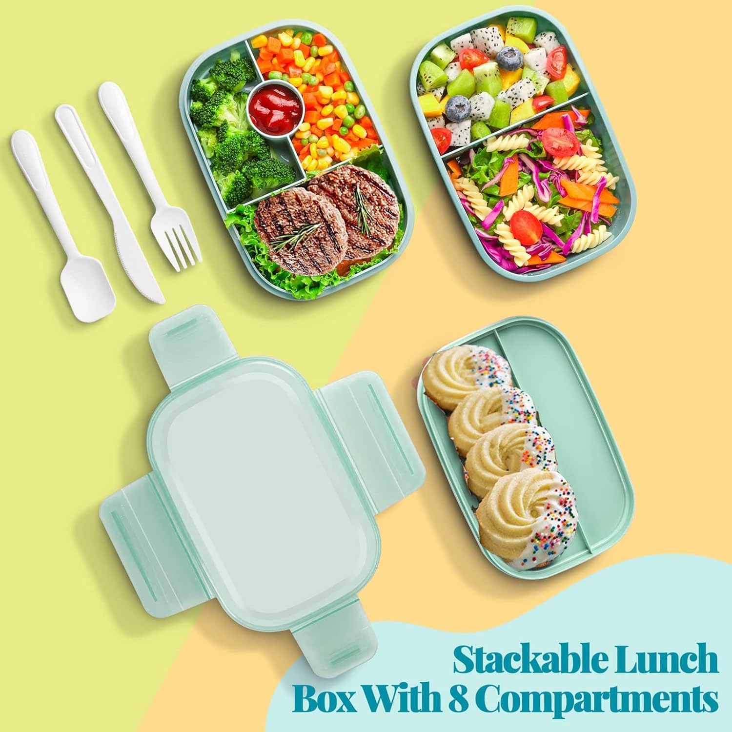Stackable Bento Box Adult Lunch Box,3Layers Lunch Containers with Compartments for Kids,Large Capacity 1900Ml Bento Box with Utensil Set and Silicone Cake Cups, Bento Lunch Box Is Microwave Safe image number 2