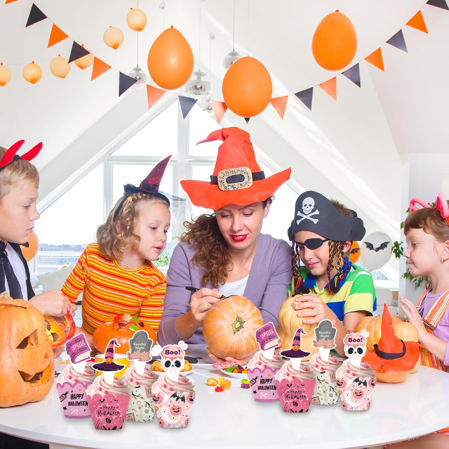 24 PCS Happy Halloween Cupcake Toppers and Wrappers,Printed with Pumpkin Skull Ghost Wizard Hat Pattern Pink Themed Cupcake Cake Decorations for Halloween Party Supplies image number 5