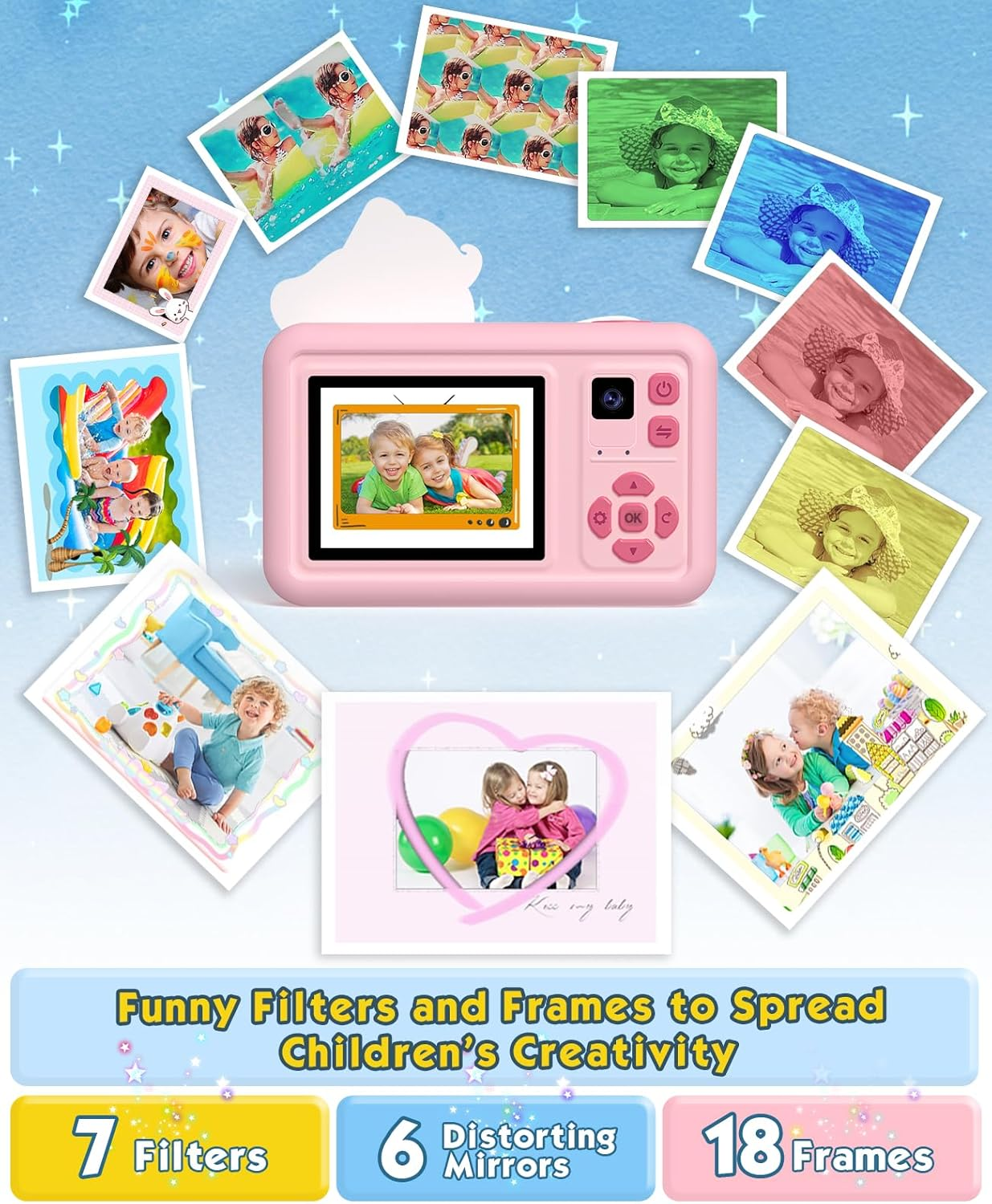 Bluefire Kids Selfie Camera, Mini 2 Inch Screen HD Digital Camera for Kids with 32GB SD Card & Cartoon Silicone Soft Cover for 4-9 Year Old Girls/Boys(Pink) image number 5