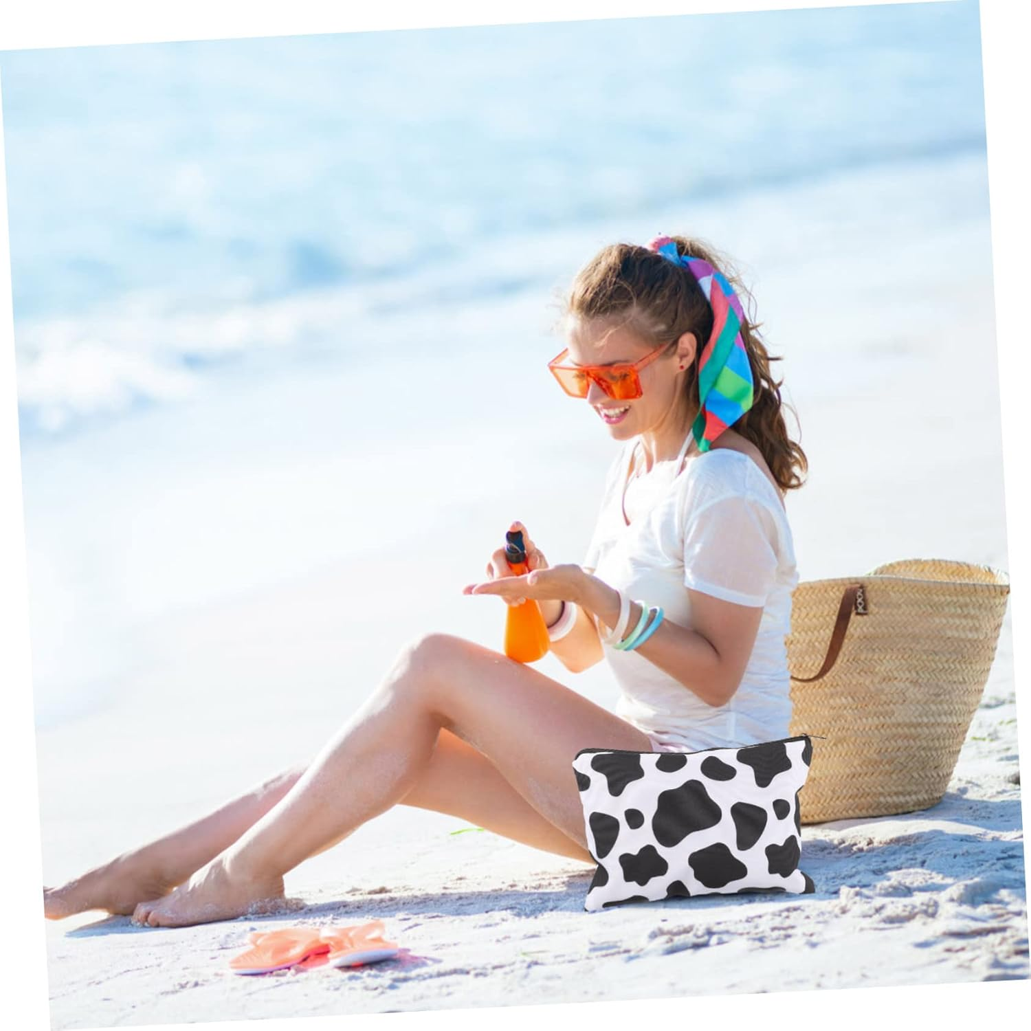 Makeup Bags Travel Cosmetic Organizer 2Pcs Large Square Black and White Cow Print Toiletry Pouch for Girls Portable Multifunctional Storage image number 1