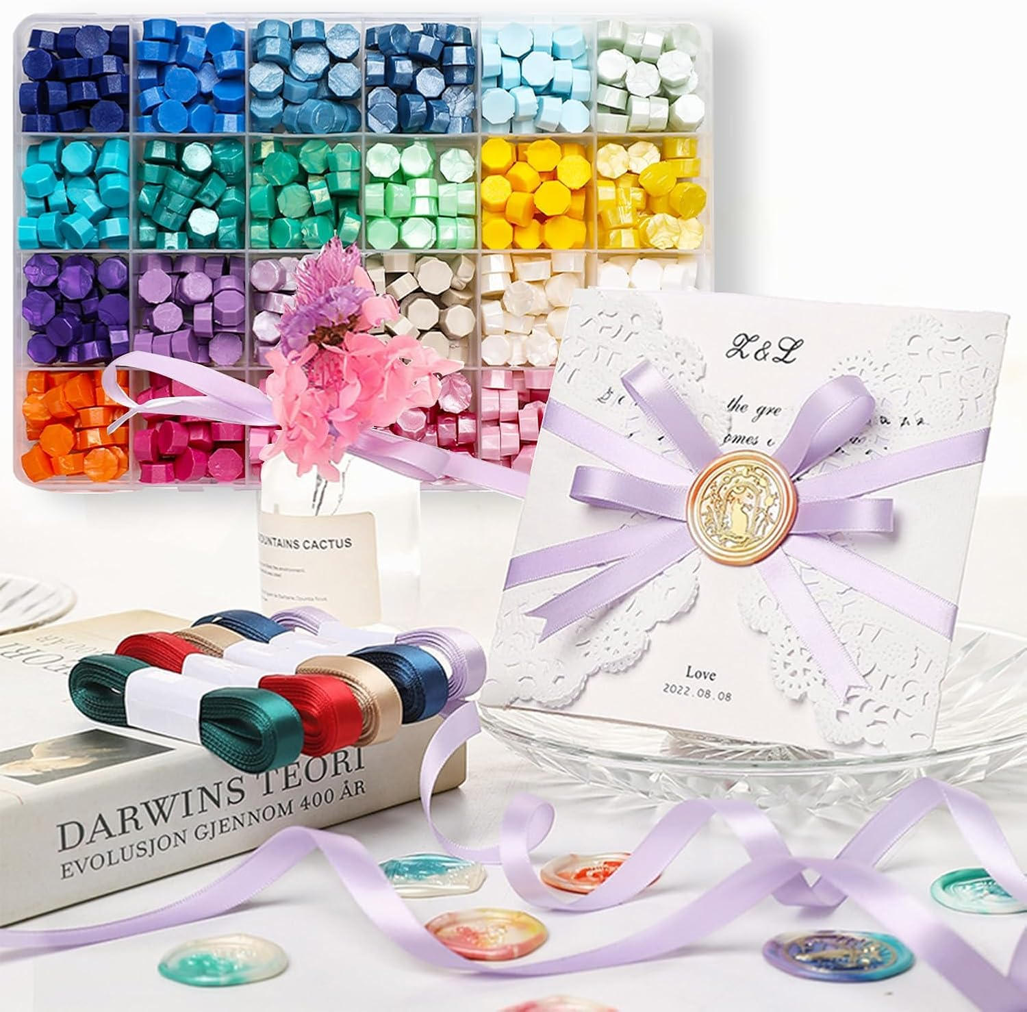 630PCS Sealing Wax Beads Set, 24 Color Beads with Wax Spoon, Tea Candles, Tweezer for Envelope Seals, Invitations, Letters, and DIY Crafts (#01) - 03 image number 5