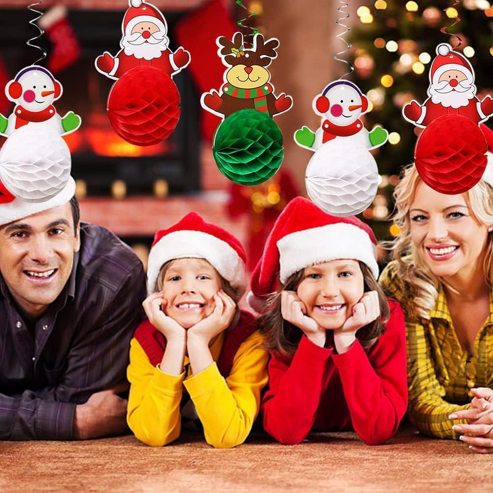 12 Pcs Christmas Decorations Set Christmas Decoration Honeycomb Balls Christmas Hanging Swirls Decorations Balls Santa Reindeer Snowman Ceiling Swirls Dangling Decorations image number 4