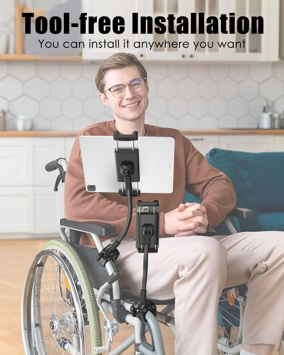 Tablet Phone Mount for Wheelchair, Hand Free Wheelchair Tablet Holder with Adjustable Metal Arm Strong and Durable Compatible with Ipad Pro 12.9 Air Mini, Galaxy Z, E-Book, 4-13" Devices image number 3