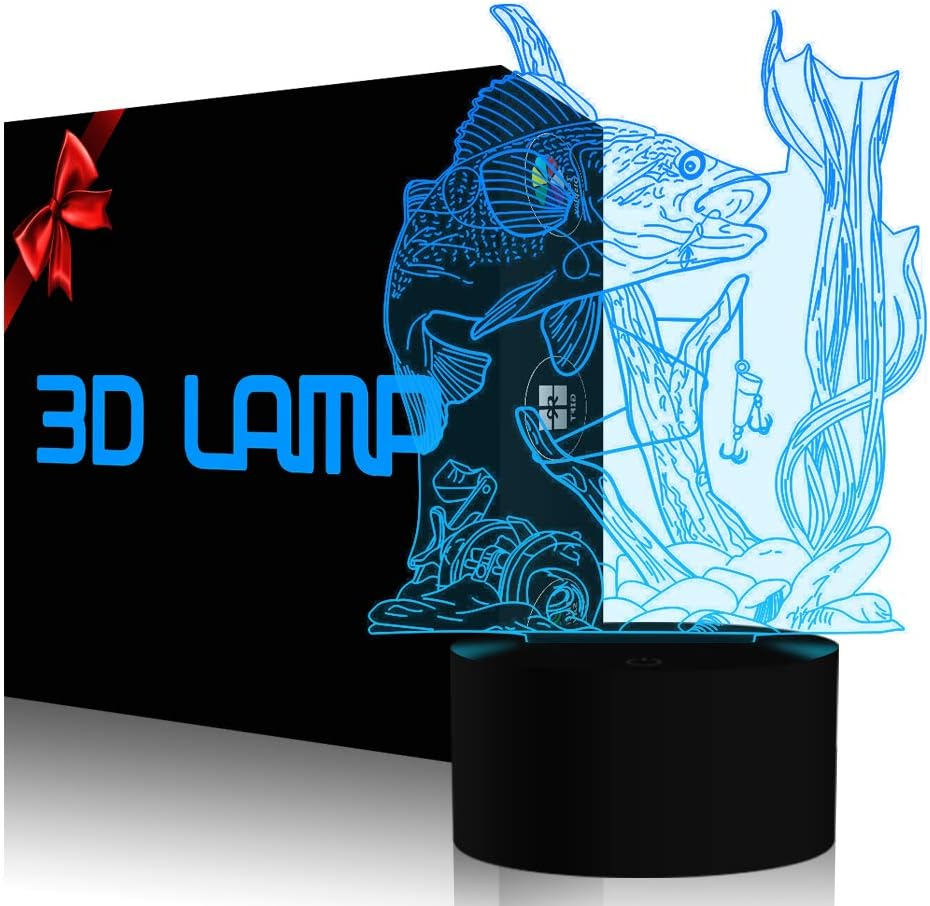 3D Fishing Lamp Illusion Night Light LED Touch Fish Desk Table Lamps 7 Color Change USB 3D Visual Lights Home Bedroom Decor Lighting Birthday Gifts Toys for Boys Kids Fishing Lover by YKL World