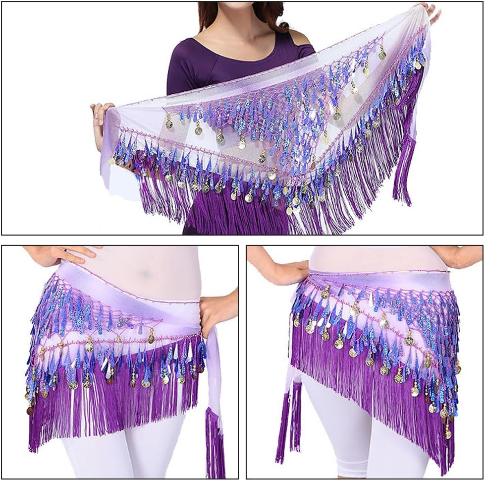 LZYMSZ Belly Dance Hip Scarfs,Girls/Women'S Wave Shape Skirts Wrap with Sequin,Purple Chiffon Tassel Skirt Waist Costume Belt for Festival Club Summer Beach Dance image number 5