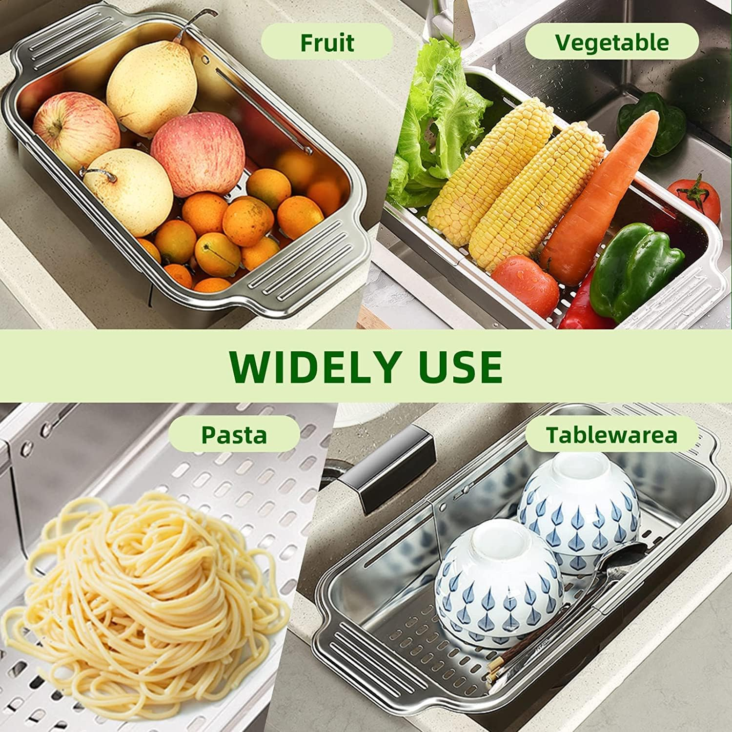 Over the Sink Colander Strainer Basket,Extendable Colander-Stainless Steel,Suitable for Wash Vegetables and Fruits, Drain Cooked Pasta and Dry Dishes, New Home Kitchen Essentials, Large image number 6