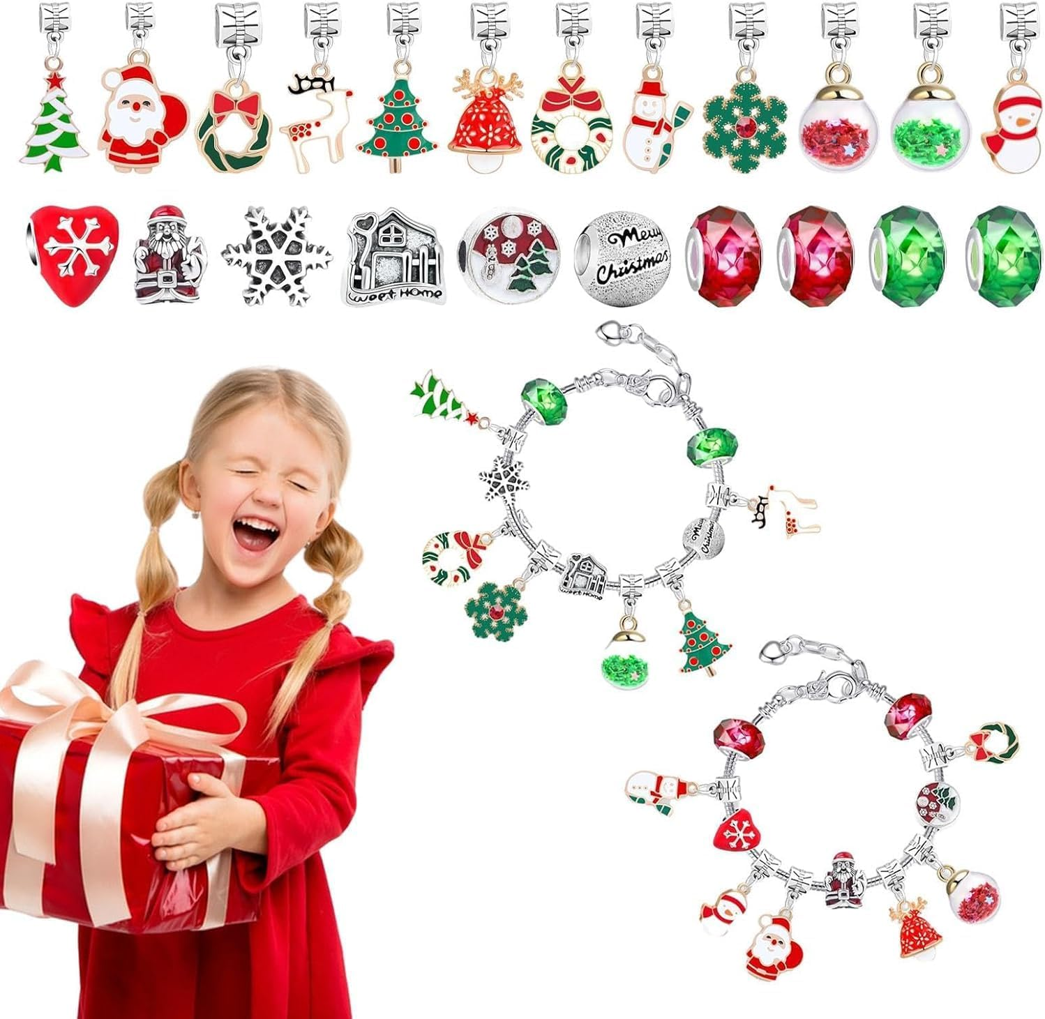 Bracelets Advent Calendar, Bracelets Advent Calendar Kit with 22 Charm and 2 Bracelets, Unique 24 Days Jewelry Christmas Countdown Calendar (Red) image number 3