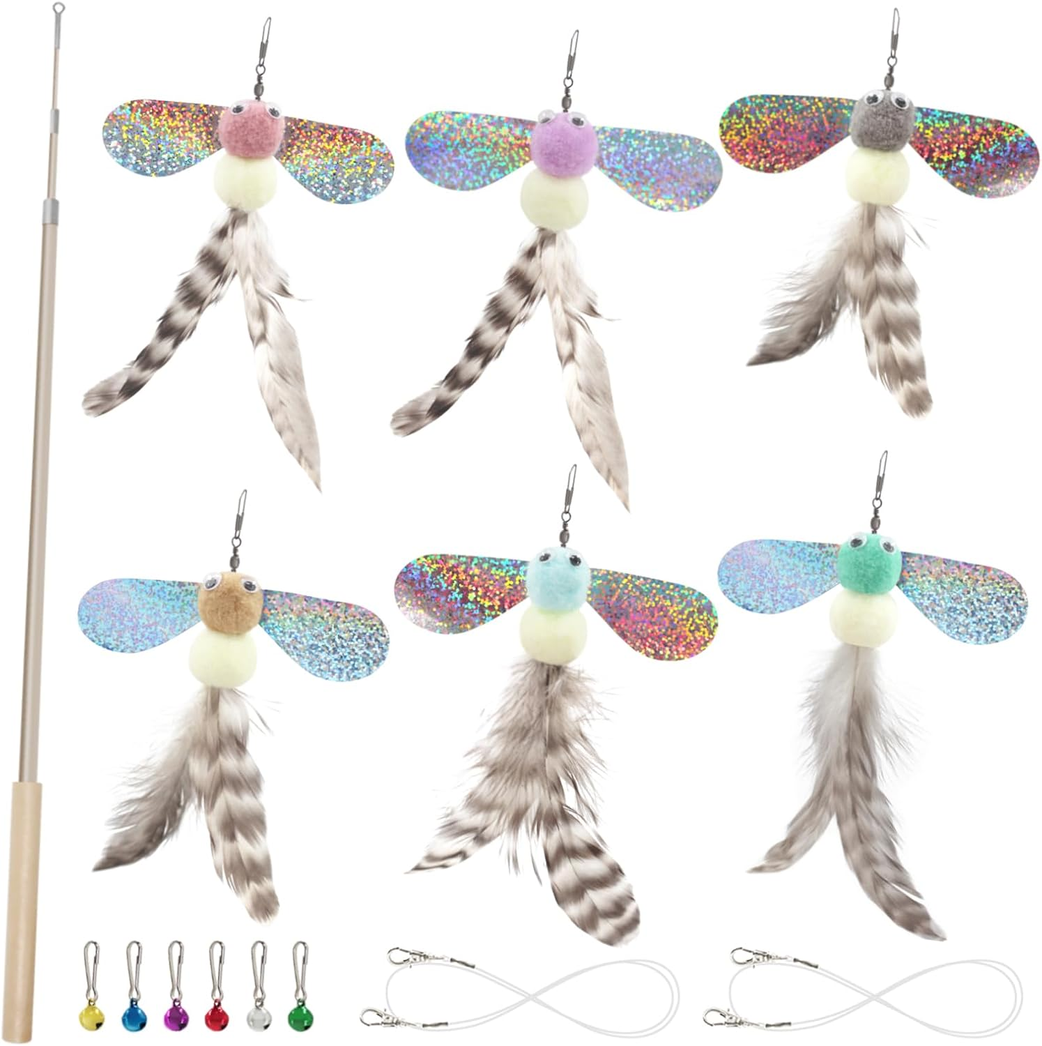 SONGWAY Interactive Cat Feather Toy Set- 6 Pcs Dragonfly Retractable Teaser Wand with Feather Refills with Bell， Cat Feather Toys for Indoor Cats