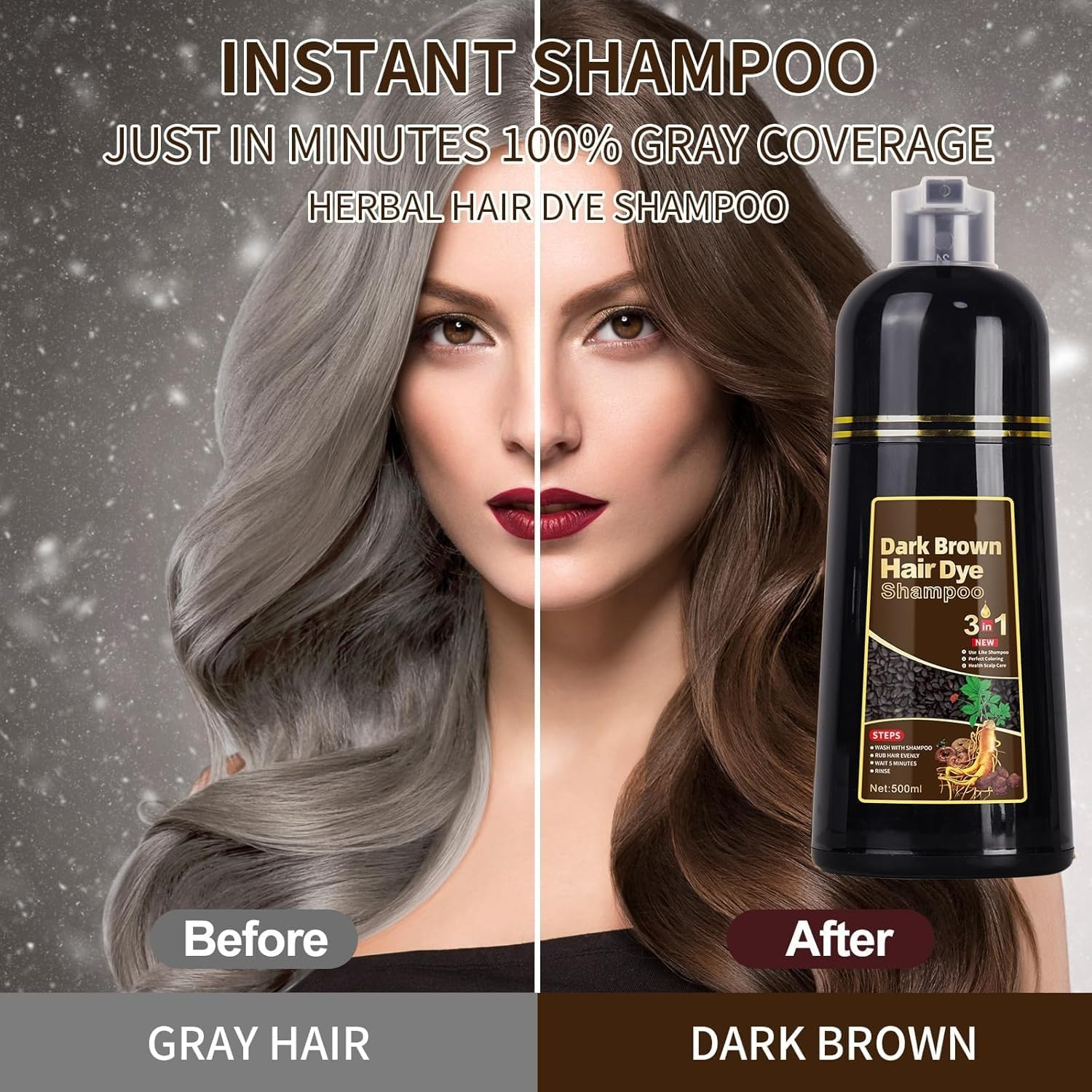 Hair Dye Shampoo, 500ML Black Hair Dye 3 in 1, Instant Hair Colour Shampoo Black Hair Shampoo-Long Lasting - Hair Dye Hair Color Shampoo Coloring in Minutes for Women Men (Dark Brown, 500ML) image number 1
