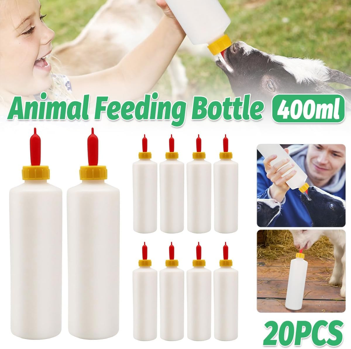 AIMALL 400Ml Animal Feeding Bottles with Soft Red Pacifiers, 20PCS Squeeze Plastic Milk Bottles for Lambs Calves Piglets Goats, 9.25In X 2.36In Easy Grip Feeder image number 4