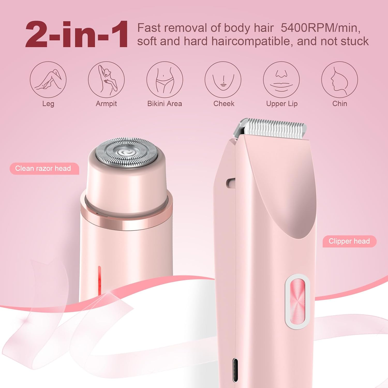 2 in 1 Women Electric Shaver Dual Head Bikini Trimmer for Women IPX7 Waterproof Wet & Dry Use Body Hair Trimmer and Facial Hair Remover for Bikini Underarm Leg Arm Body Face image number 4