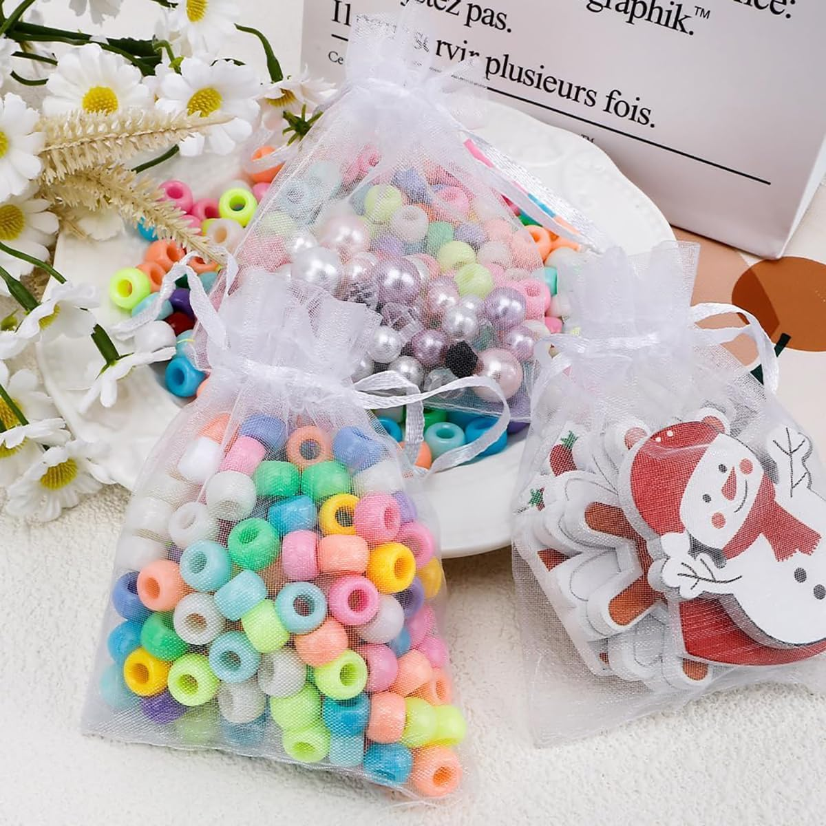 Organza Bags Small Mesh Bags Drawstring 3X4 Inch 50PCS White Sheer Wedding Party Favor Bags Mesh Gift Sachet Pouches Jewelry Gift Bags Mini Candy Bag for Graduation Party Festival Christmas New Year