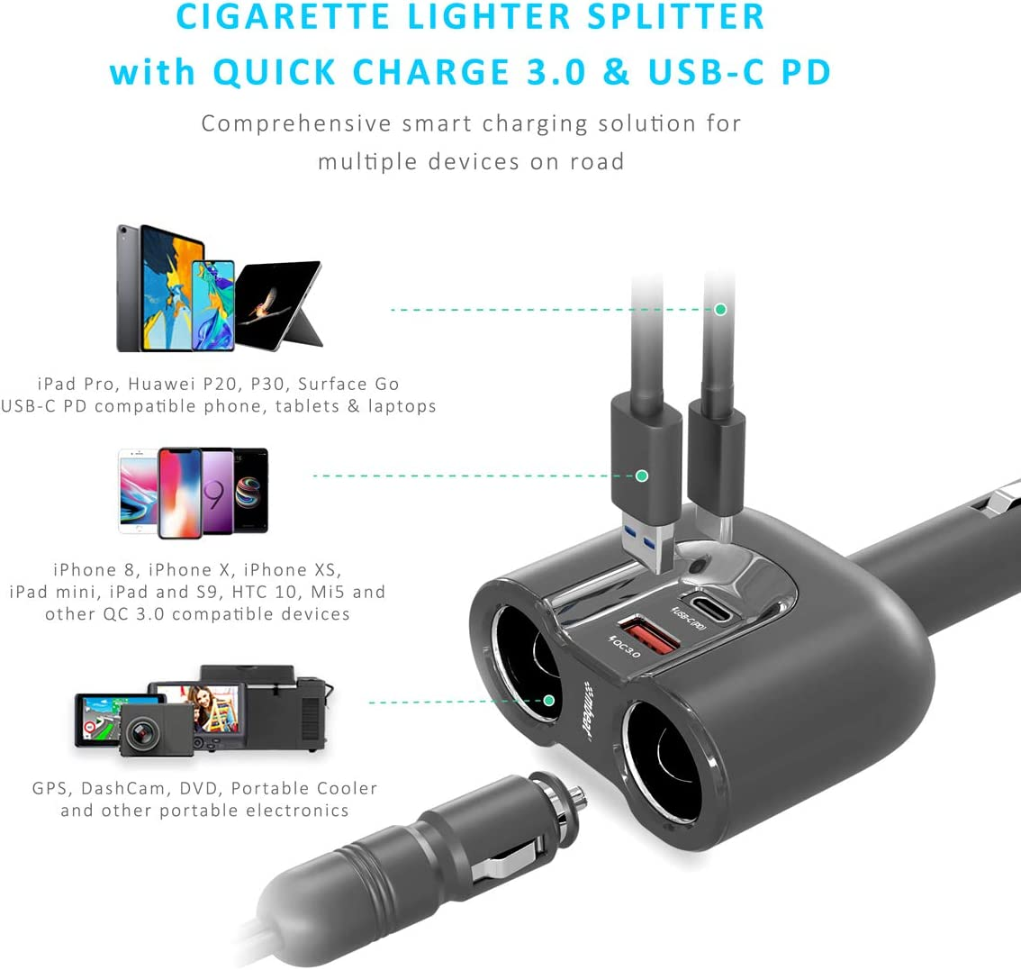 Mbeat Gorilla Power Dual Port USB C 3.0 Car Charger with Cigarette Lighter Socket Splitter image number 1