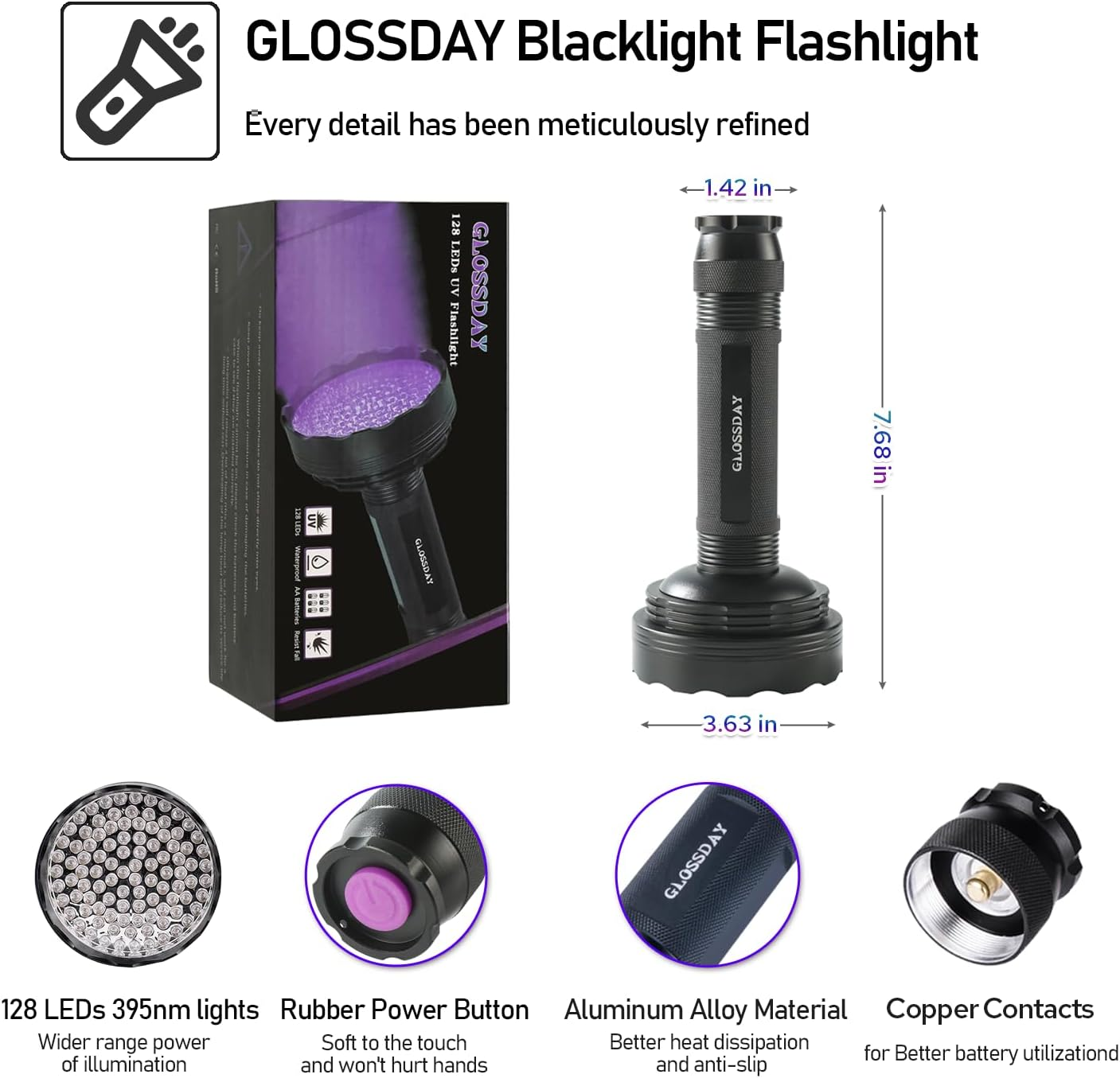 Blacklight Flashlight,128 LED UV Flashlights, Upgraded Bright Ultraviolet Flashlight Professional Black Light for Dog/Cat, Hunting Scorpions image number 2